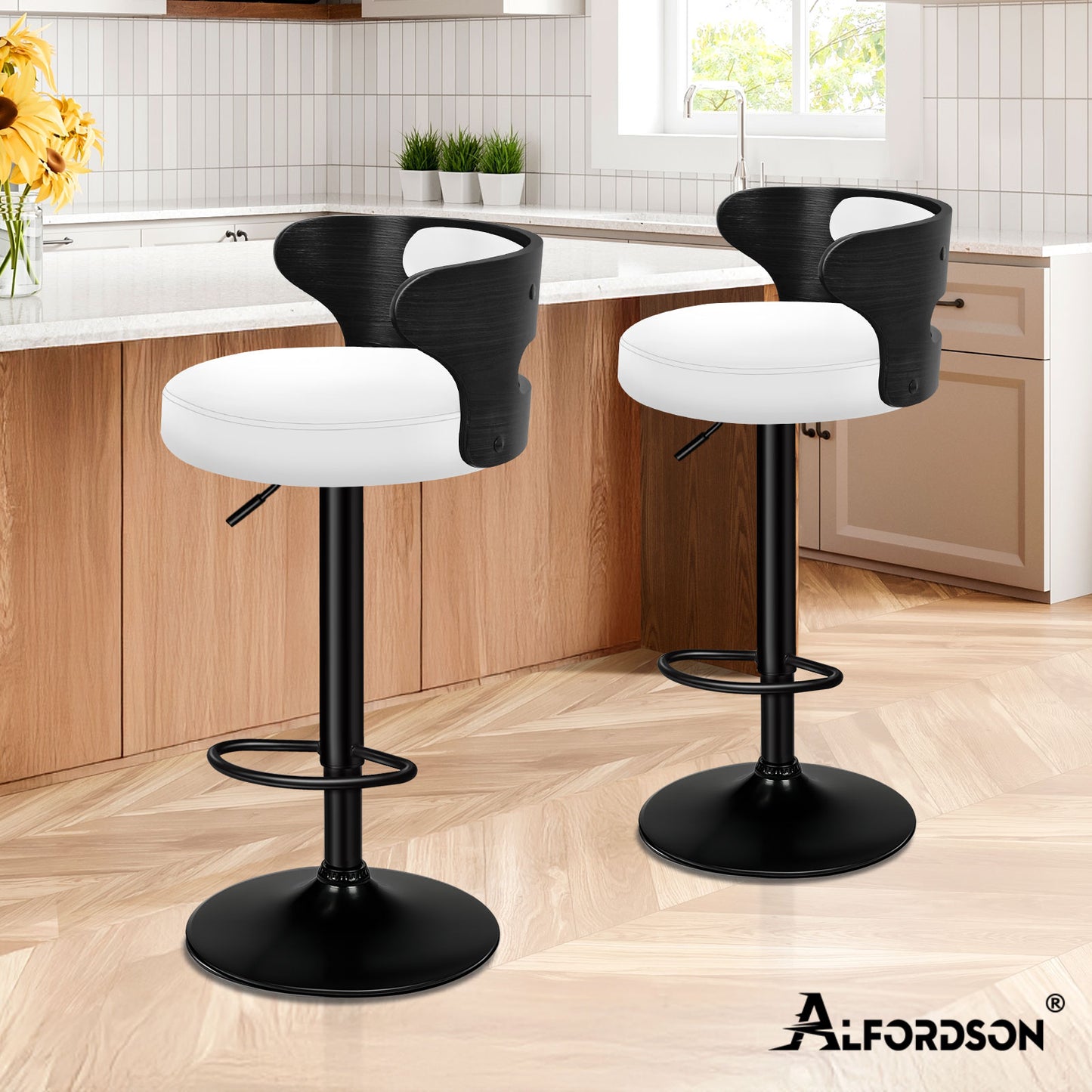 ALFORDSON 2x Bar Stool Kitchen Swivel Chair Wooden Leather Gas Lift Ramiro White