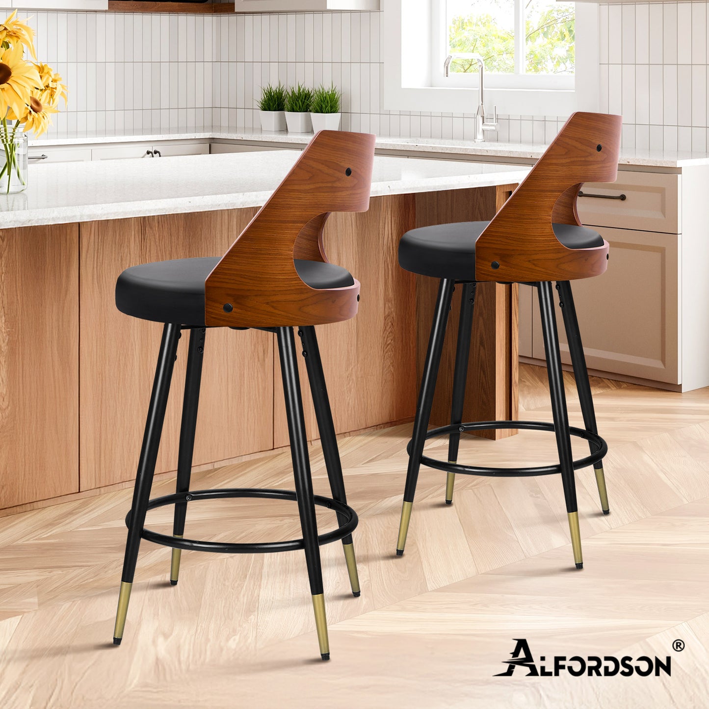 ALFORDSON Bar Stools Set of 2, 360° Swivel, Thick Padded PU Leather Seat, Black