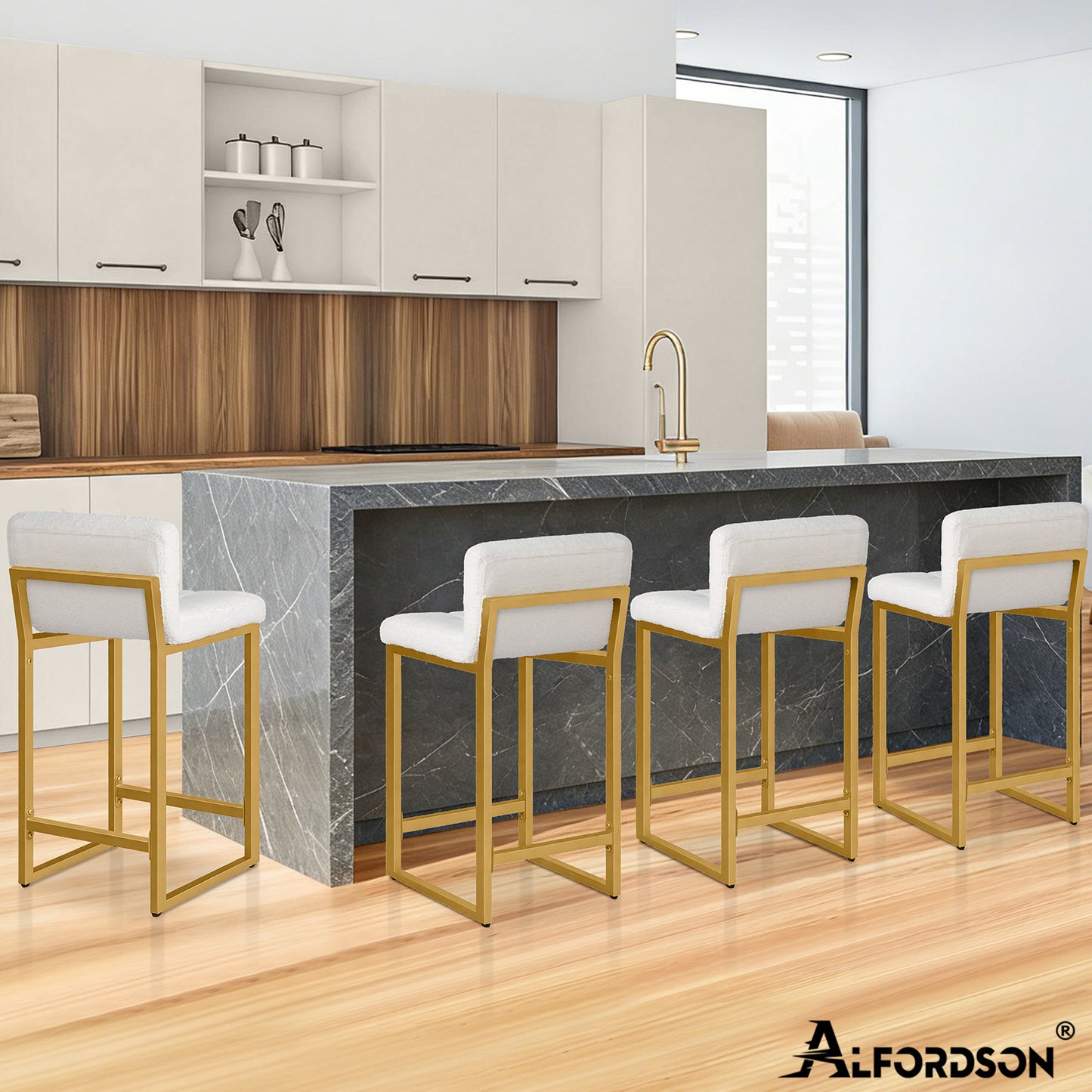 ALFORDSON 65CM Counter Height Bar Stools Set of 4, Metal Frame, White