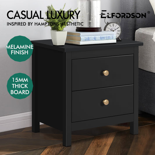 ELFORDSON Bedside Table Hamptons Nightstand Storage Side End 2 Drawers Black