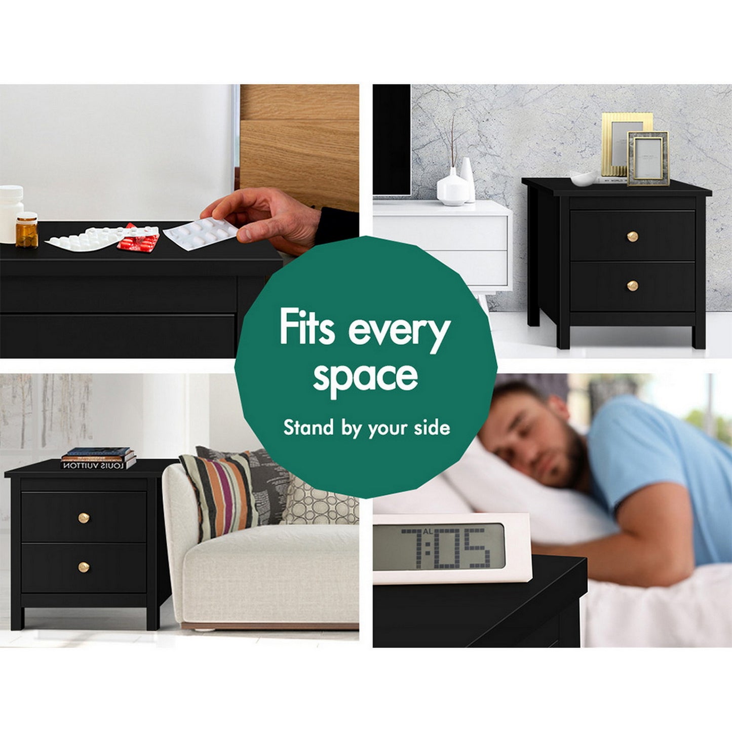ELFORDSON Bedside Table Hamptons Nightstand Storage Side End 2 Drawers Black