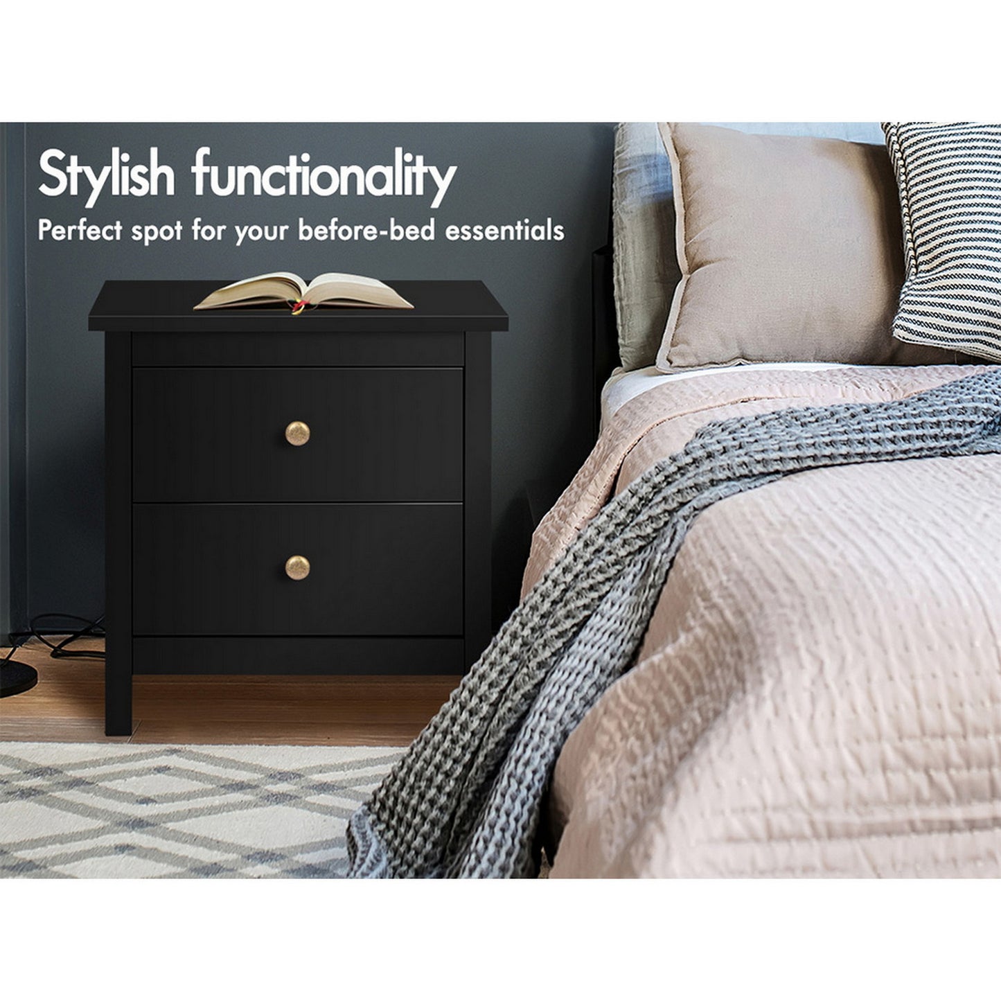 ELFORDSON Bedside Table Hamptons Nightstand Storage Side End 2 Drawers Black