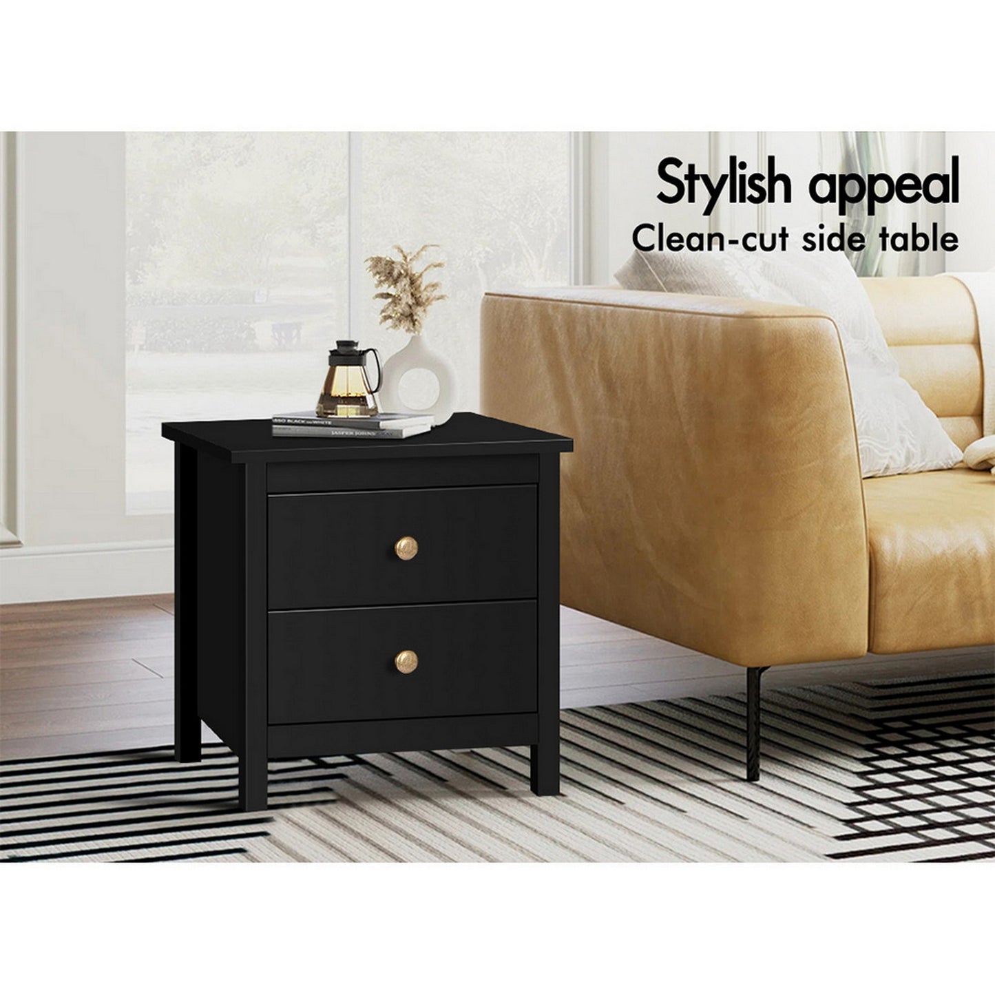 ELFORDSON Bedside Table Hamptons Nightstand Storage Side End 2 Drawers Black