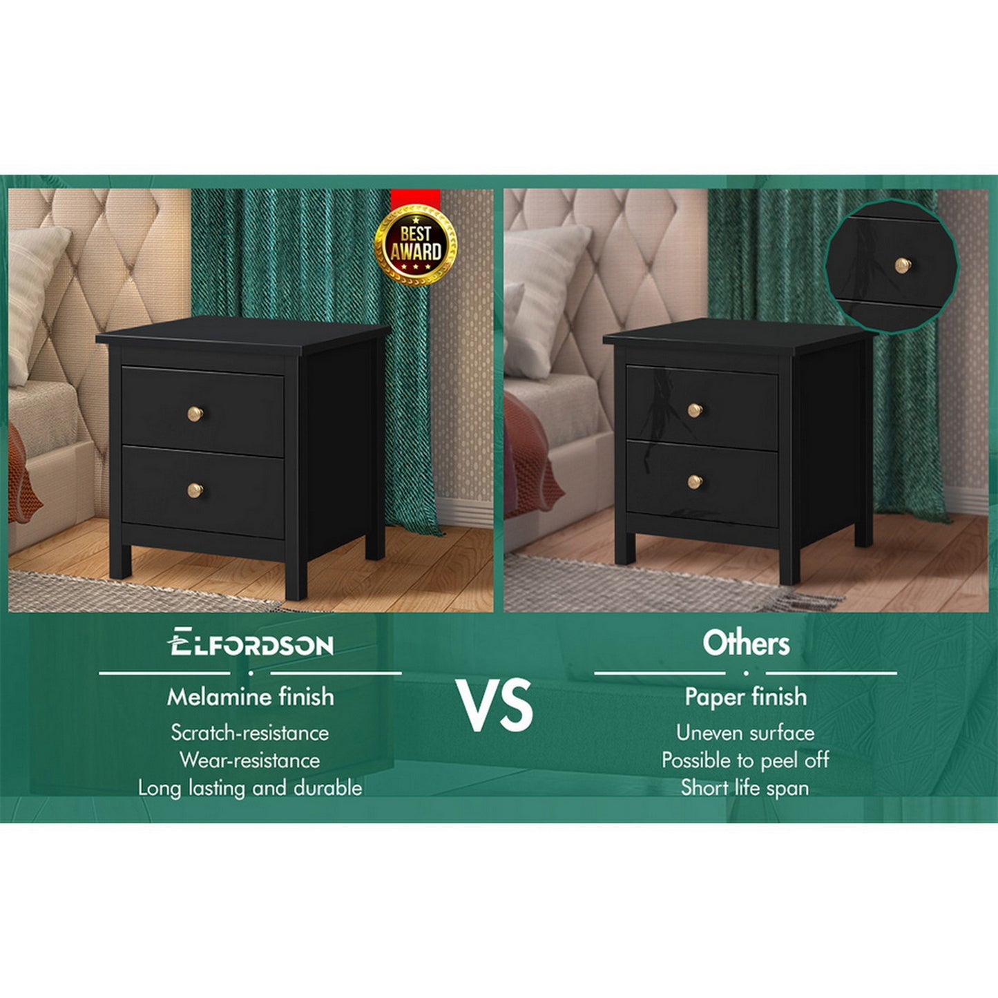 ELFORDSON Bedside Table Hamptons Nightstand Storage Side End 2 Drawers Black