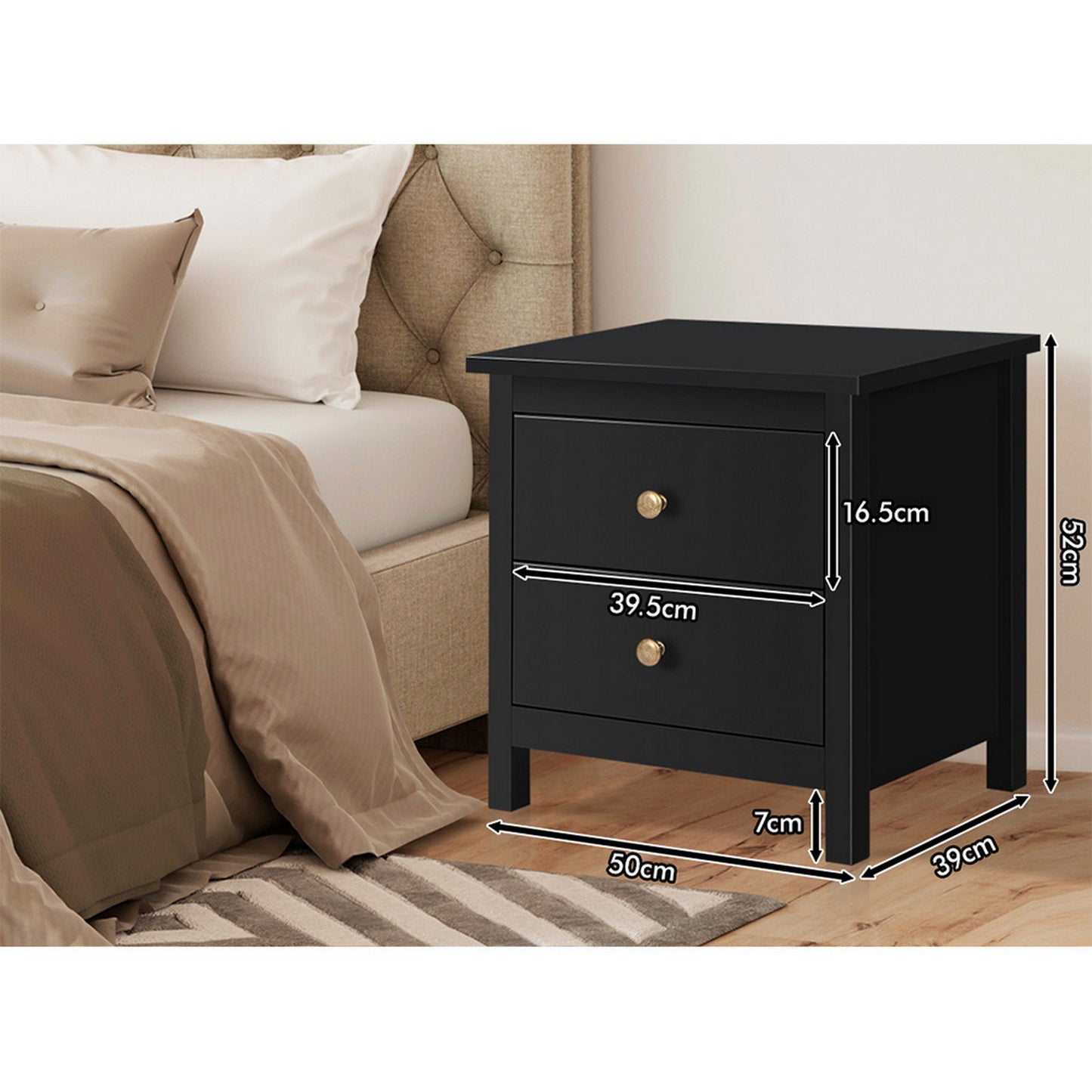 ELFORDSON Bedside Table Hamptons Nightstand Storage Side End 2 Drawers Black