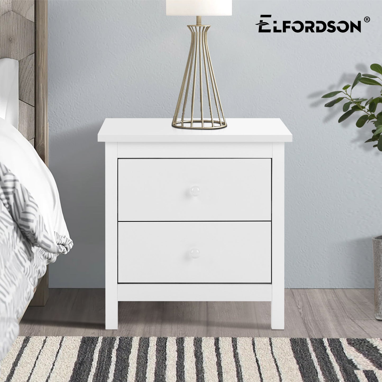 ELFORDSON Bedside Table 2 Drawer Wooden Storage Cabinet Bedroom Living Room Home