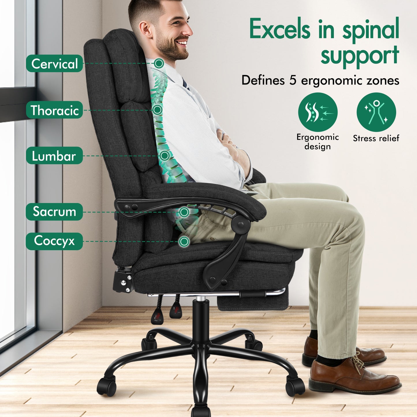 ELFORDSON Office Chair Executive Computer Fabric Seat Recliner Gaming Black