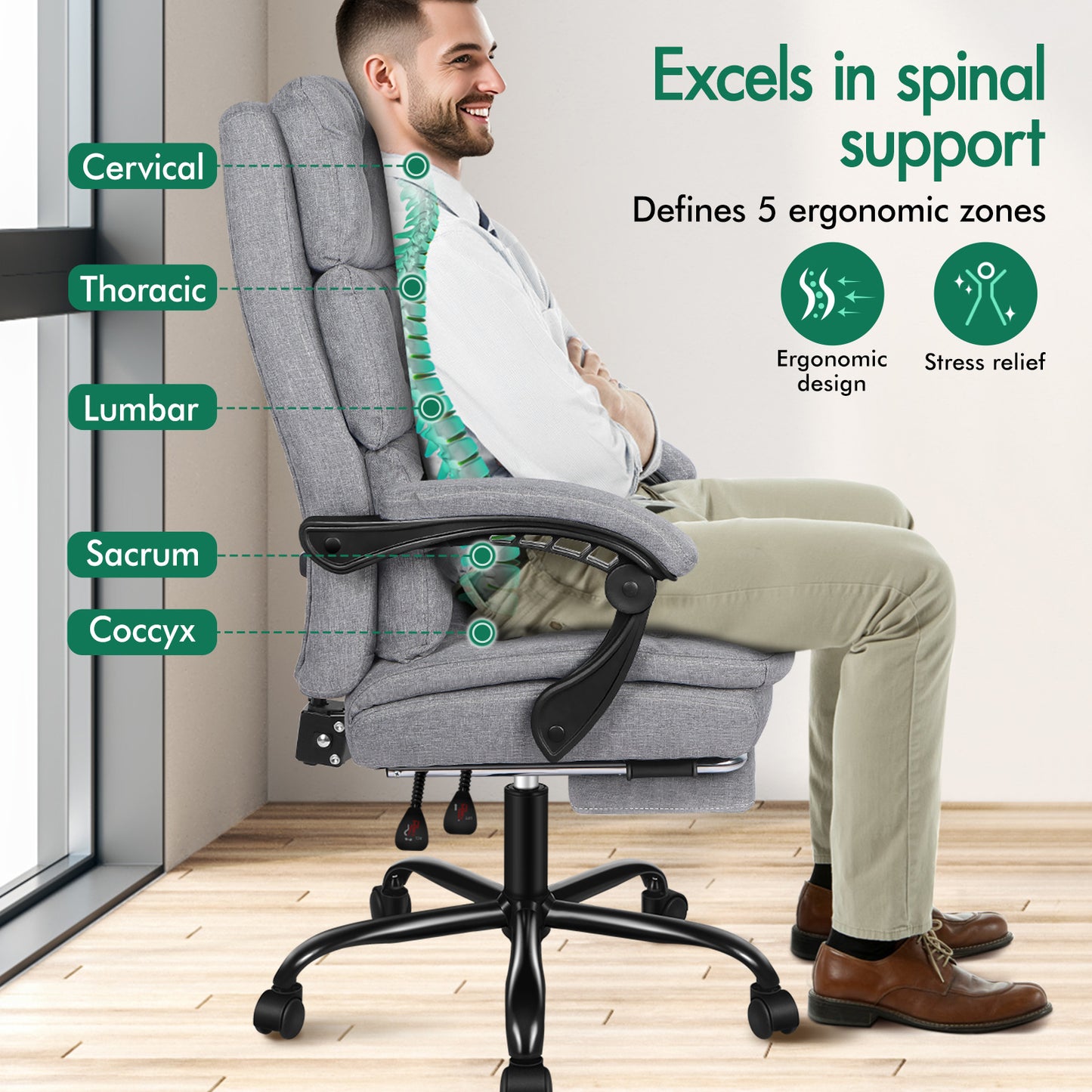 ELFORDSON Office Chair Executive Computer Fabric Work Seat Recliner Gaming