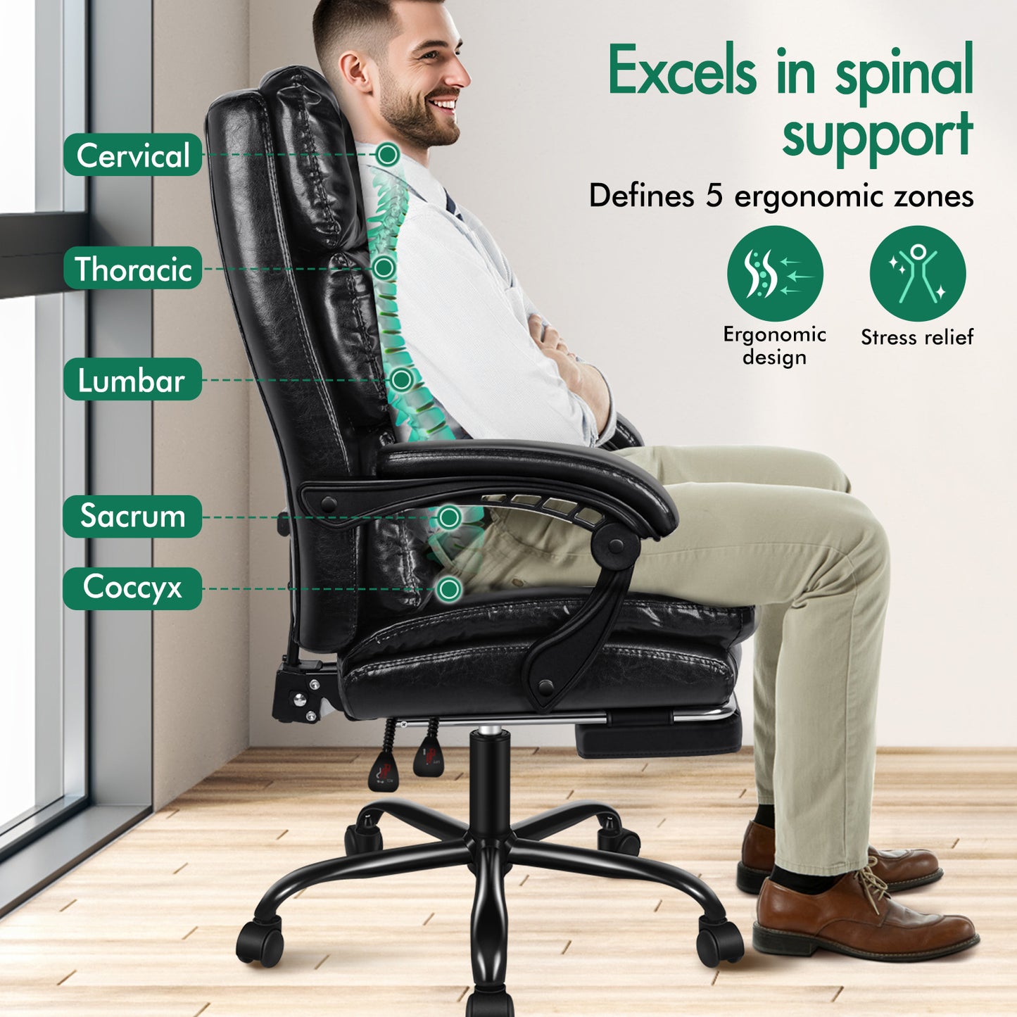 ELFORDSON Office Chair Executive Computer PU Leather Seat Work Recliner Gaming