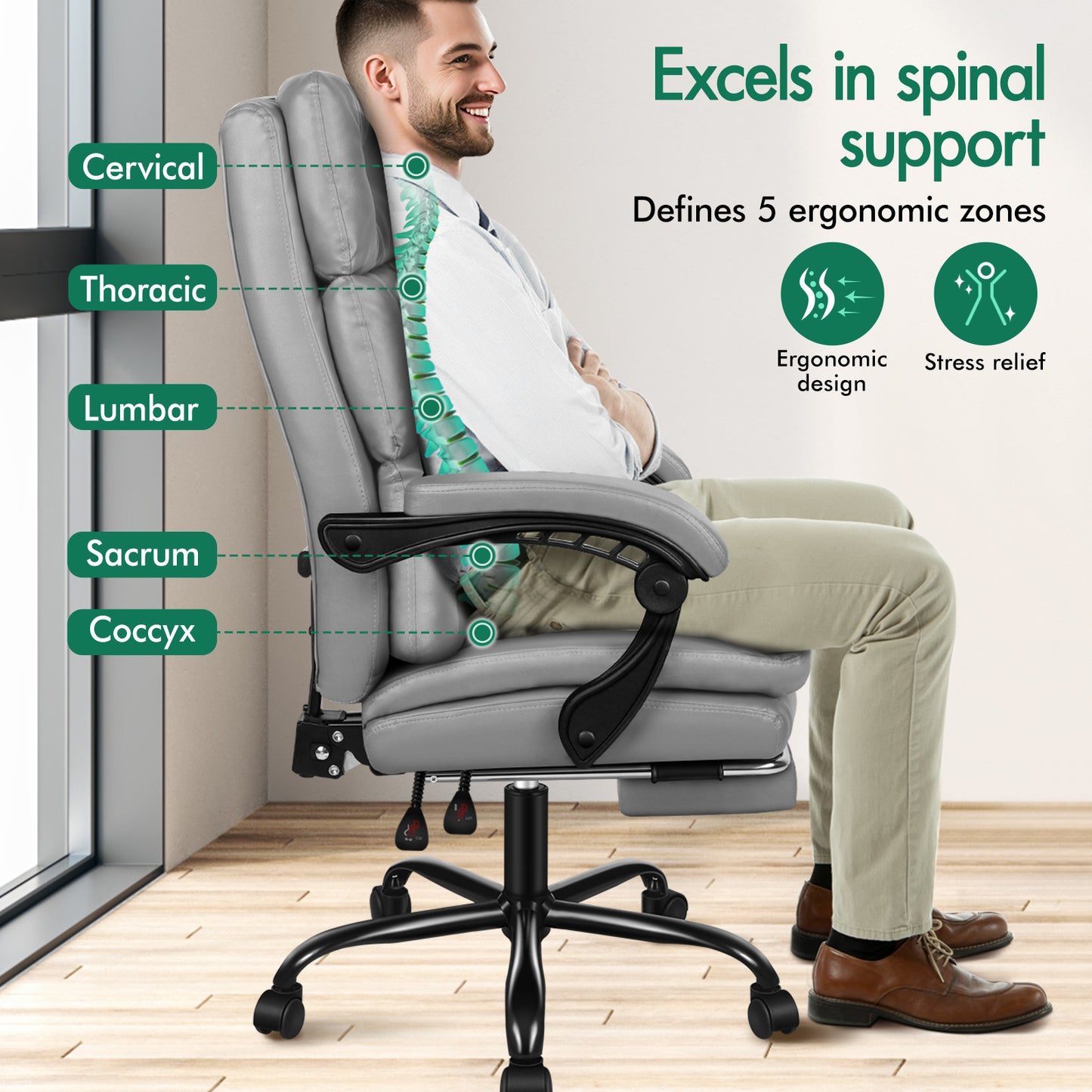 ELFORDSON Office Chair Executive Computer PU Leather Seat Work Recliner Gaming
