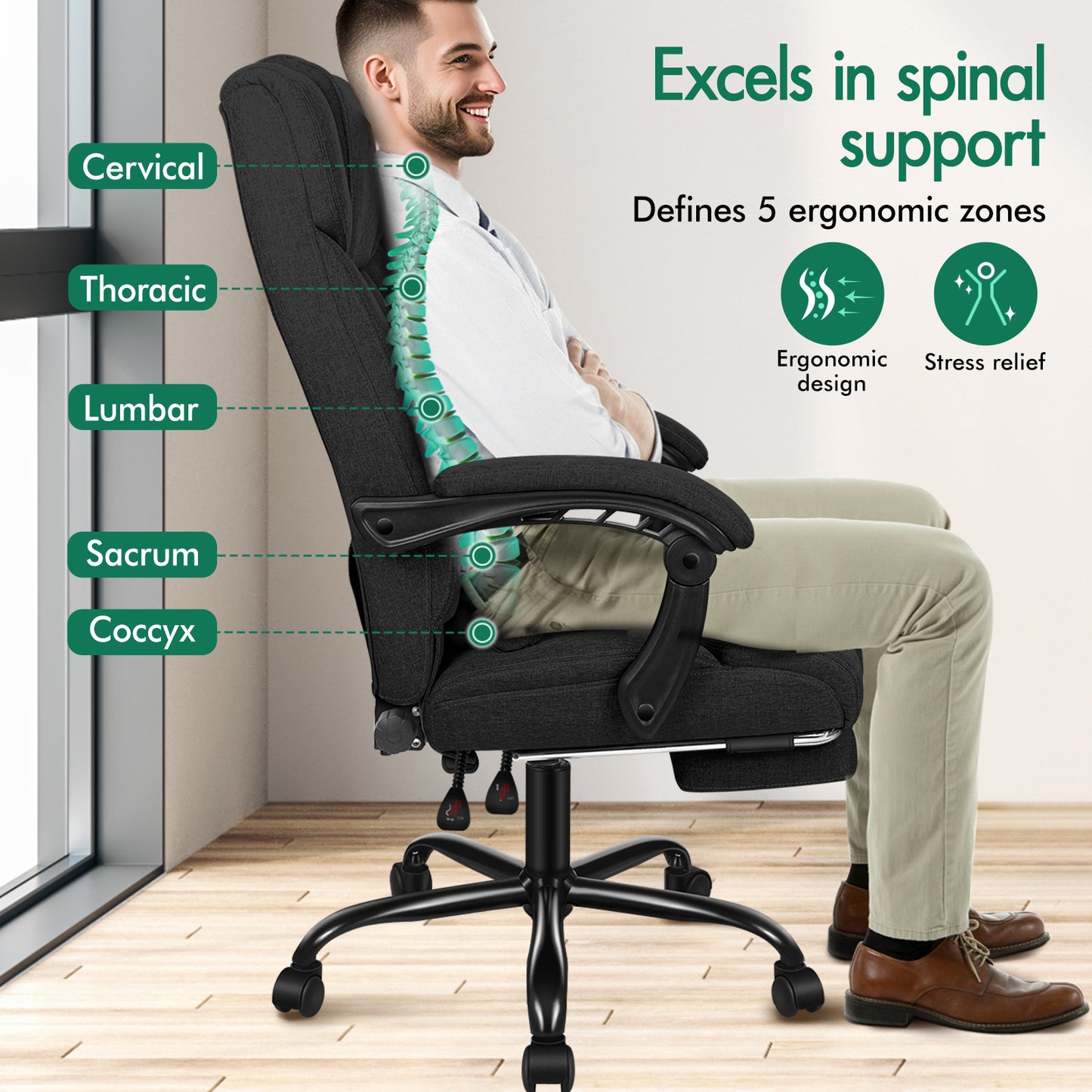 ELFORDSON Office Chair Executive Computer Gaming Fabric Seat Recliner Black