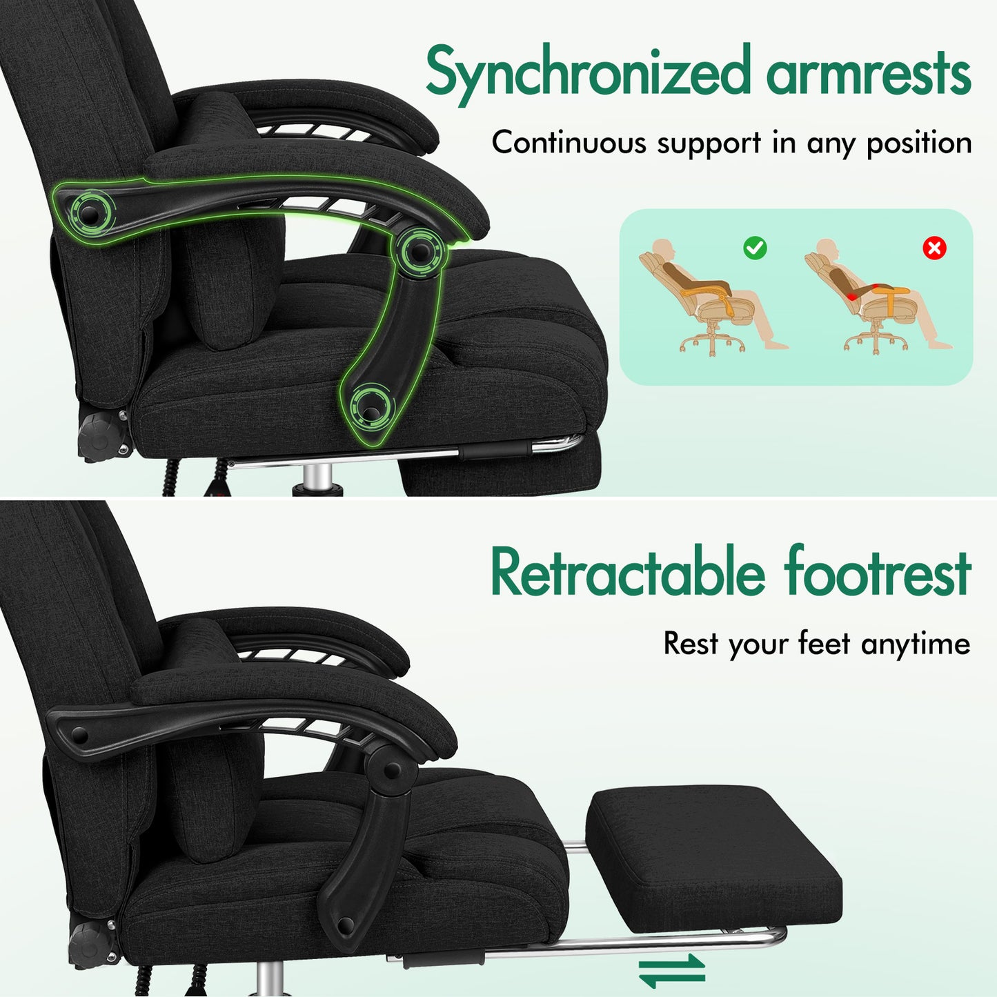 ELFORDSON Office Chair Executive Computer Gaming Fabric Seat Recliner Black