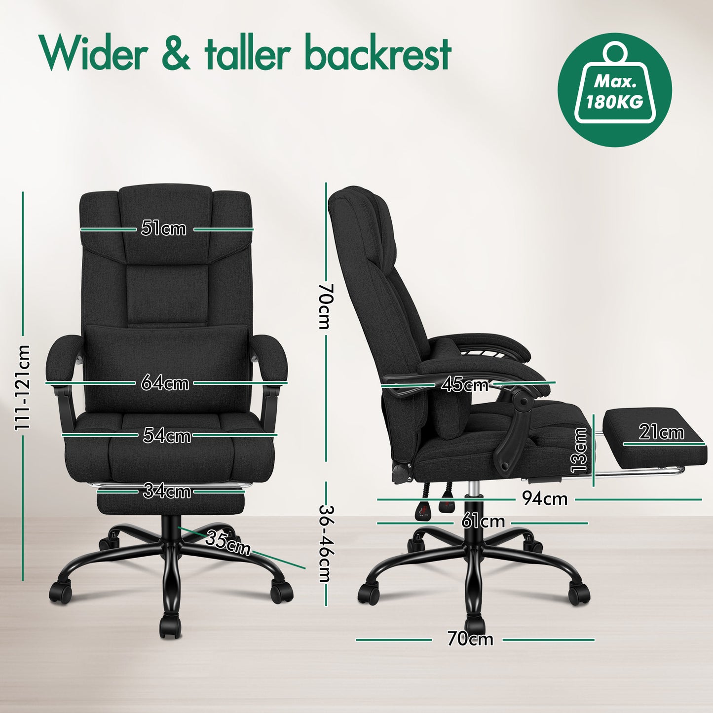 ELFORDSON Office Chair Executive Computer Gaming Fabric Seat Recliner Black