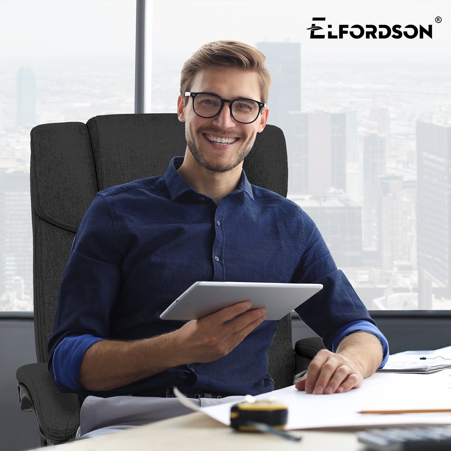 ELFORDSON Office Chair Executive Computer Gaming Fabric Seat Recliner Black