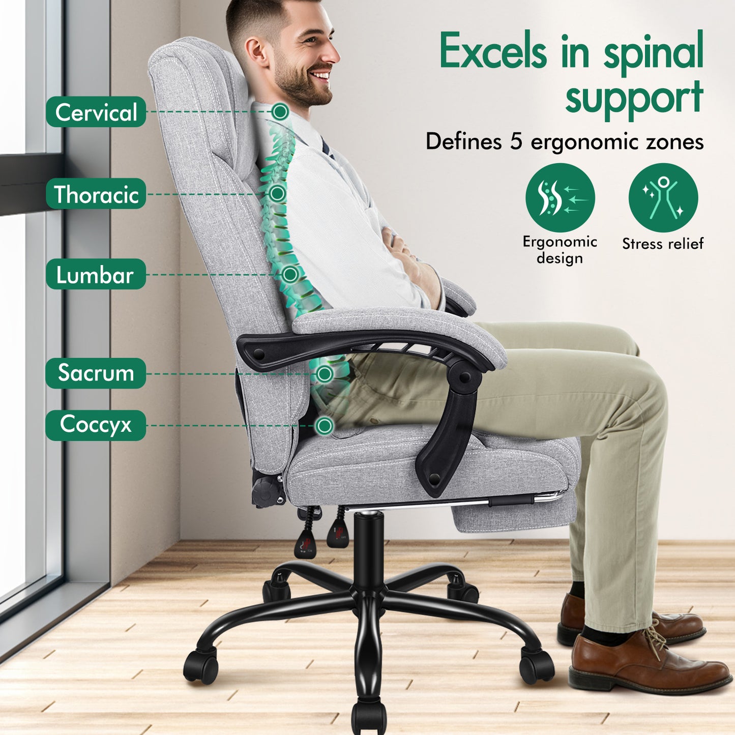 ELFORDSON Office Chair Executive Computer Gaming Fabric Seat Recliner Grey