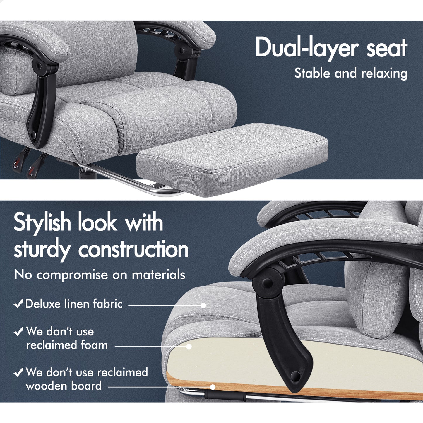ELFORDSON Office Chair Executive Computer Gaming Fabric Seat Recliner Grey