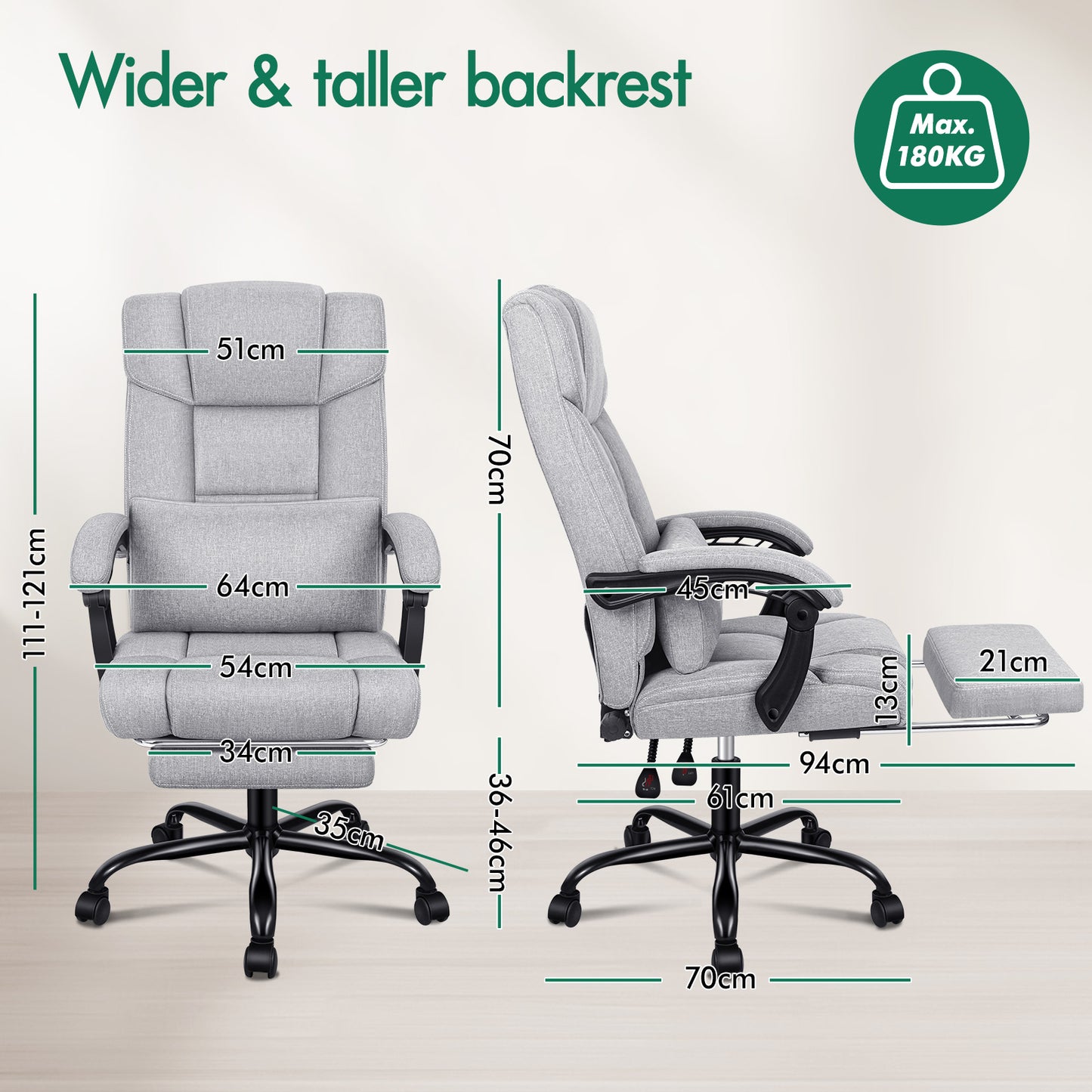 ELFORDSON Office Chair Executive Computer Gaming Fabric Seat Recliner Grey