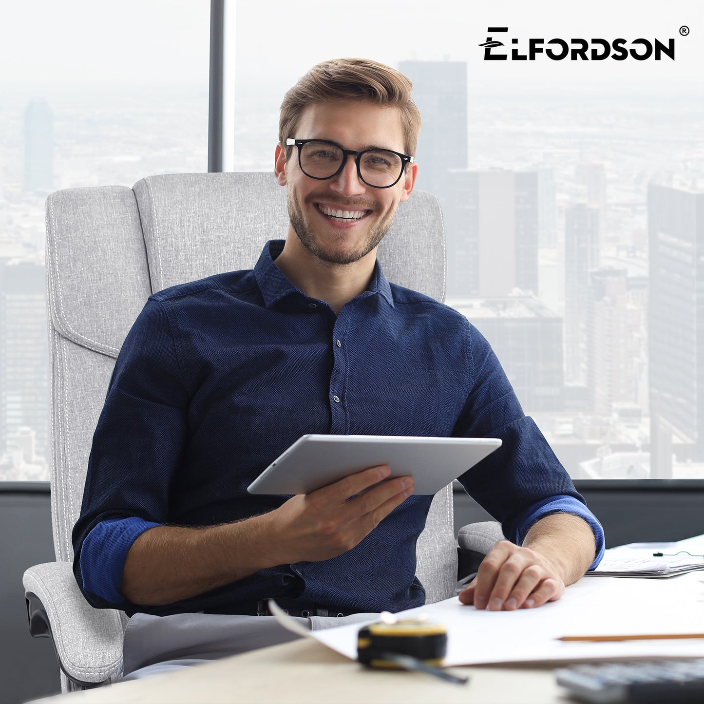 ELFORDSON Office Chair Executive Computer Gaming Fabric Seat Recliner Grey