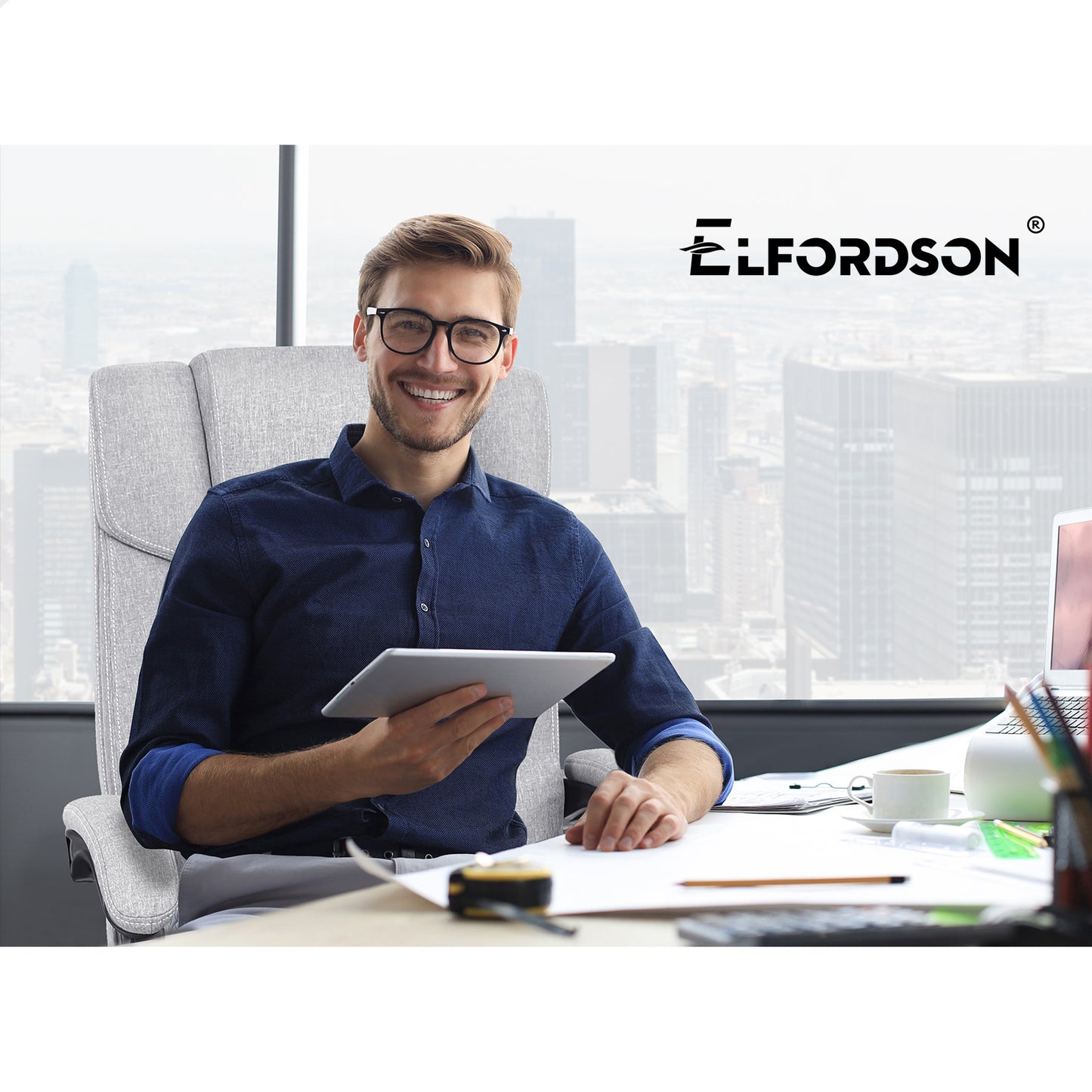 ELFORDSON Office Chair Executive Computer Gaming Fabric Seat Recliner Grey