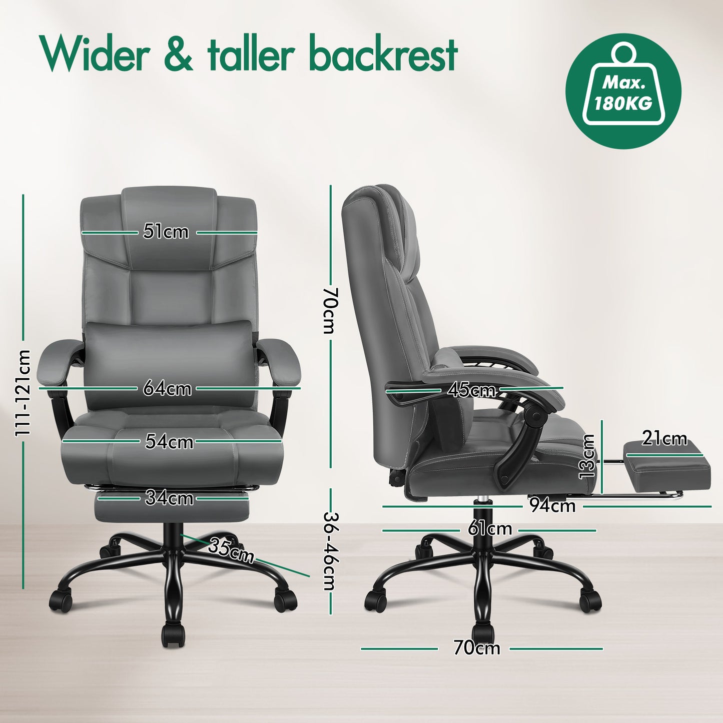 ELFORDSON Office Chair Executive Computer Gaming PU Leather Seat Recliner Grey