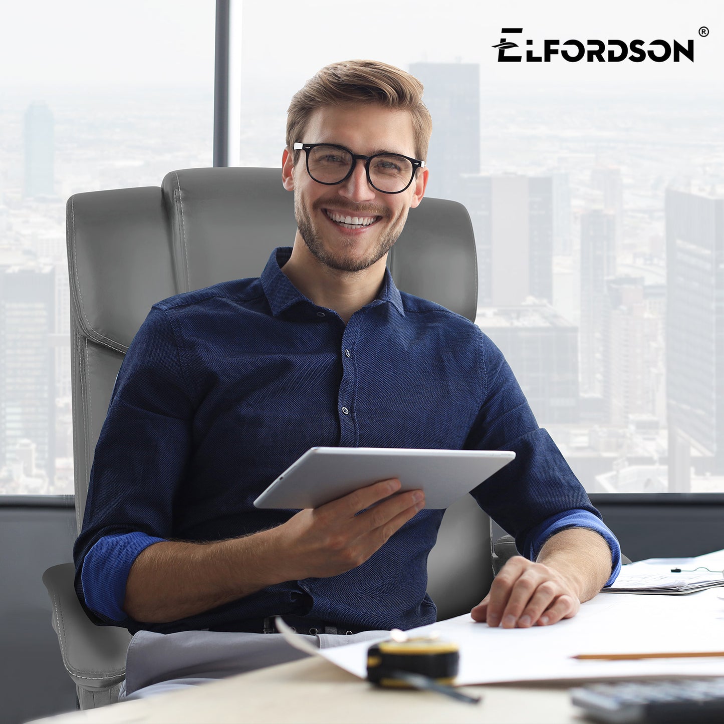 ELFORDSON Office Chair Executive Computer Gaming PU Leather Seat Recliner Grey
