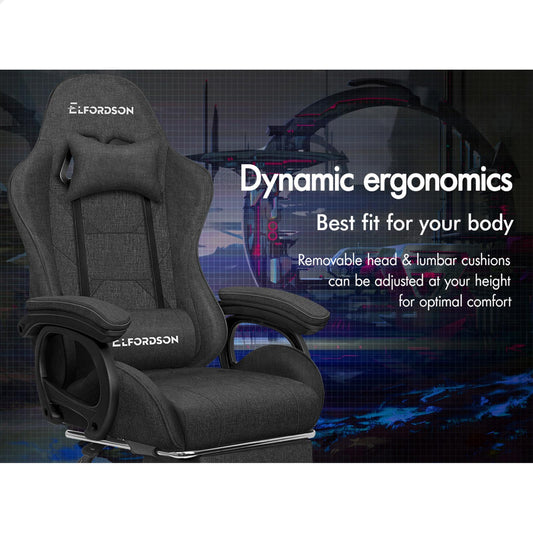 ELFORDSON Gaming Chair Office Massage Computer Fabric Racing Seat Footrest Grey