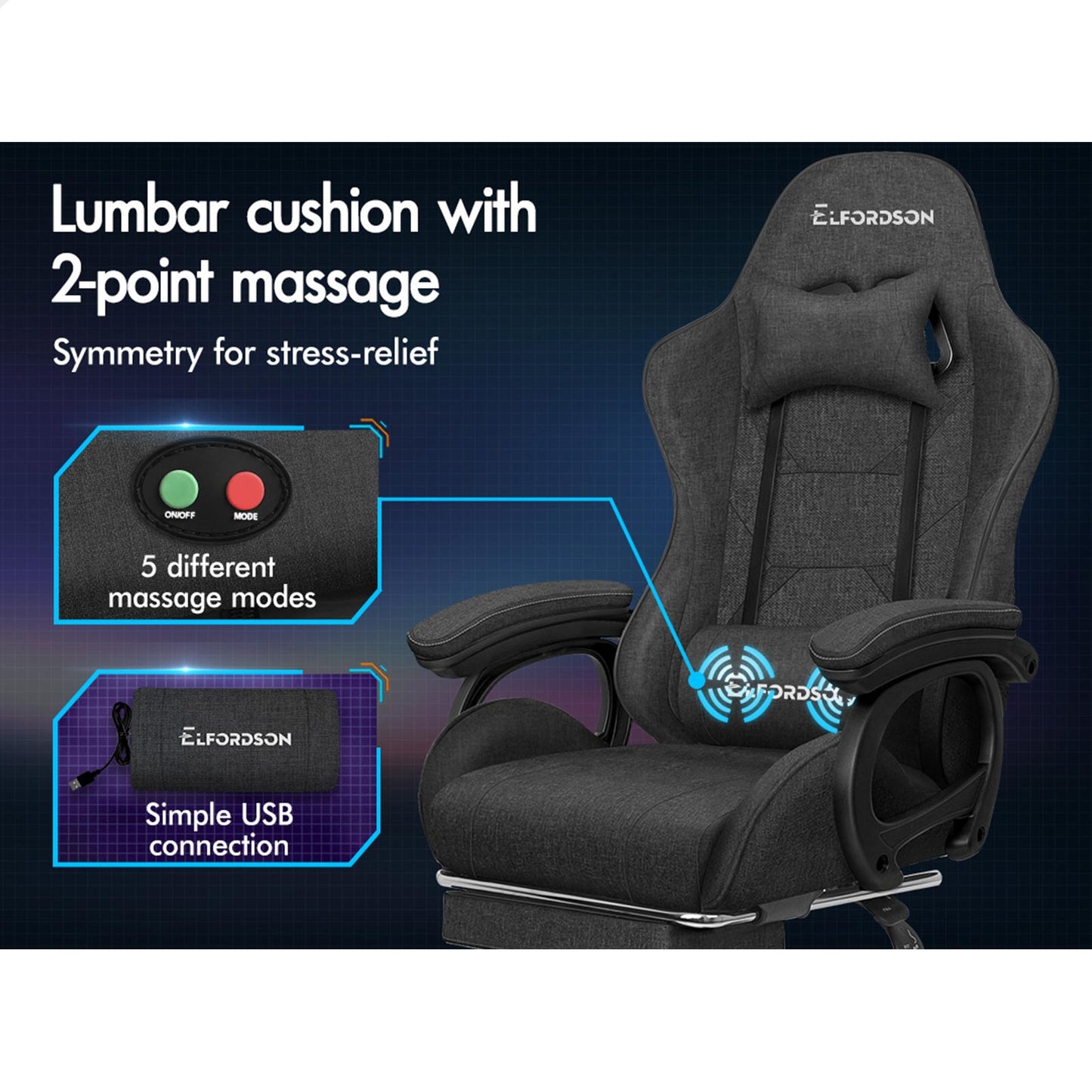 ELFORDSON Gaming Chair Office Massage Computer Fabric Racing Seat Footrest Grey