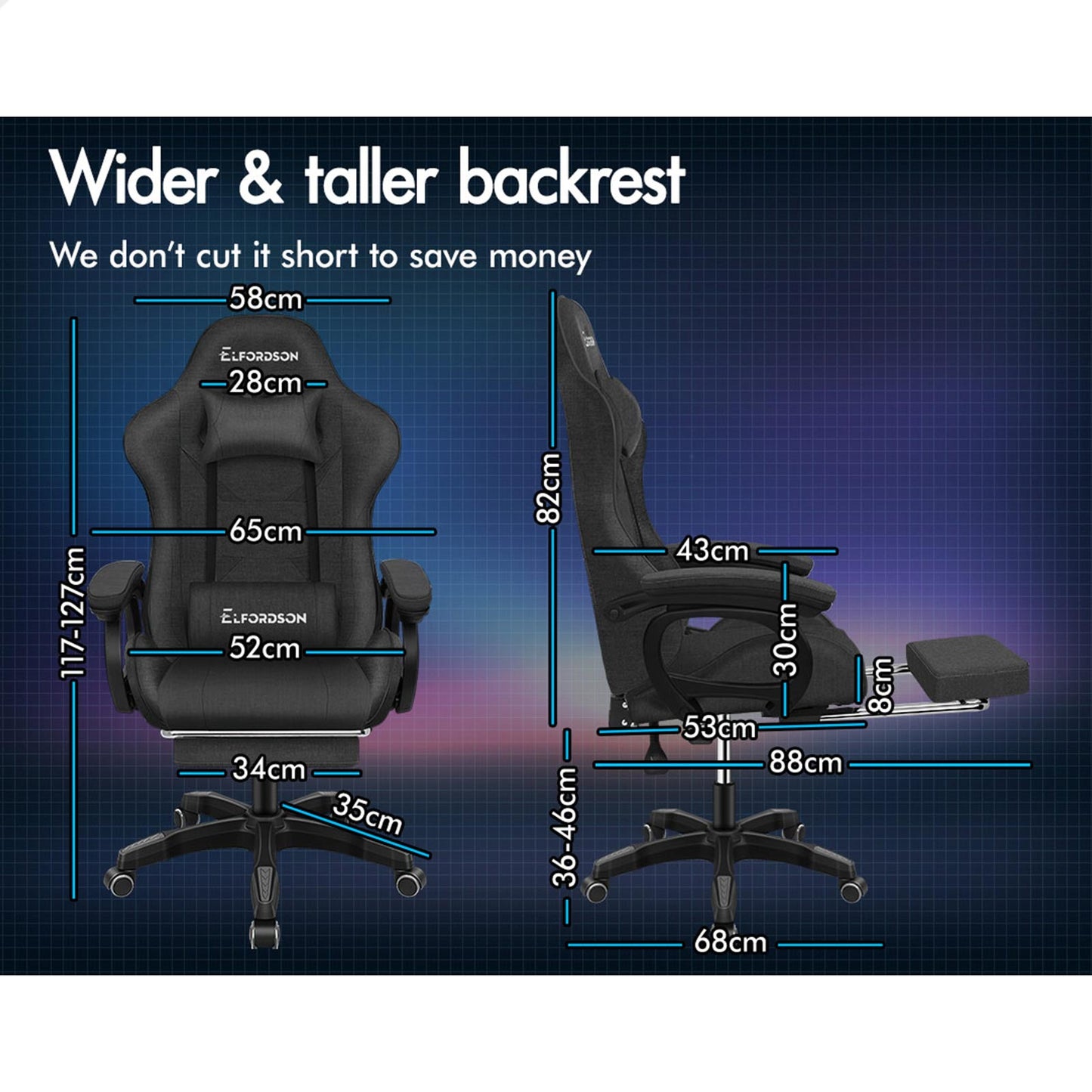 ELFORDSON Gaming Chair Office Massage Computer Fabric Racing Seat Footrest Grey