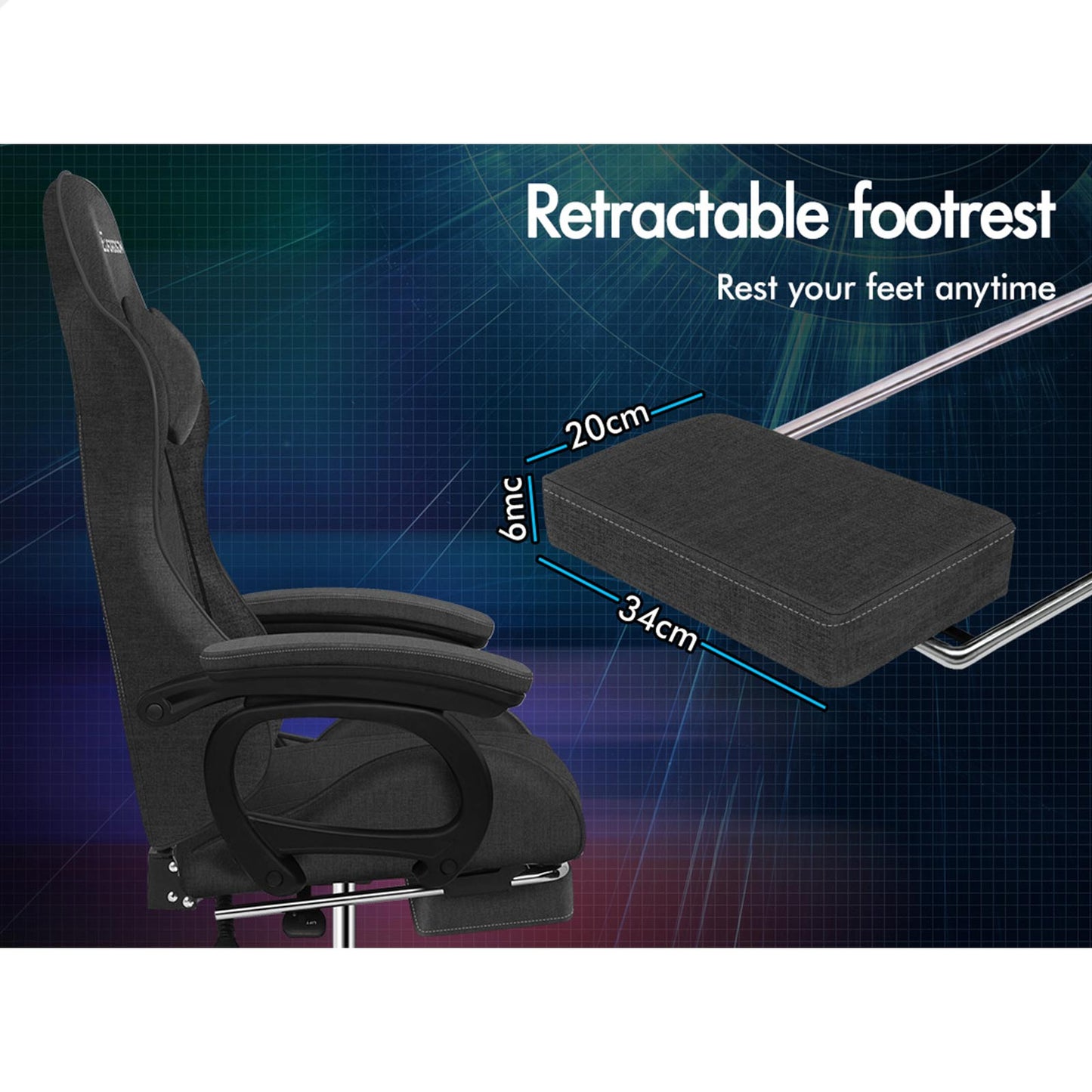 ELFORDSON Gaming Chair Office Massage Computer Fabric Racing Seat Footrest Grey