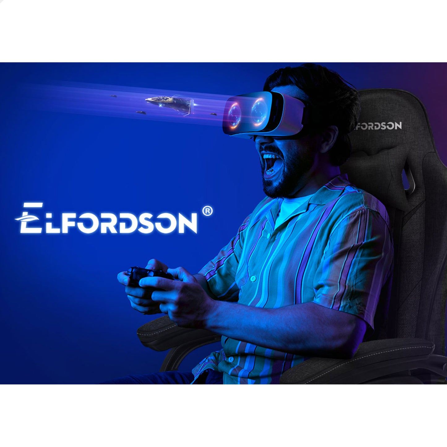 ELFORDSON Gaming Chair Office Massage Computer Fabric Racing Seat Footrest Grey