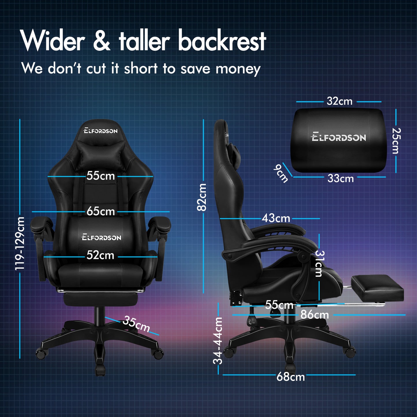 ELFORDSON Gaming Office Chair Extra Large Pillow Racing Executive Footrest Seat