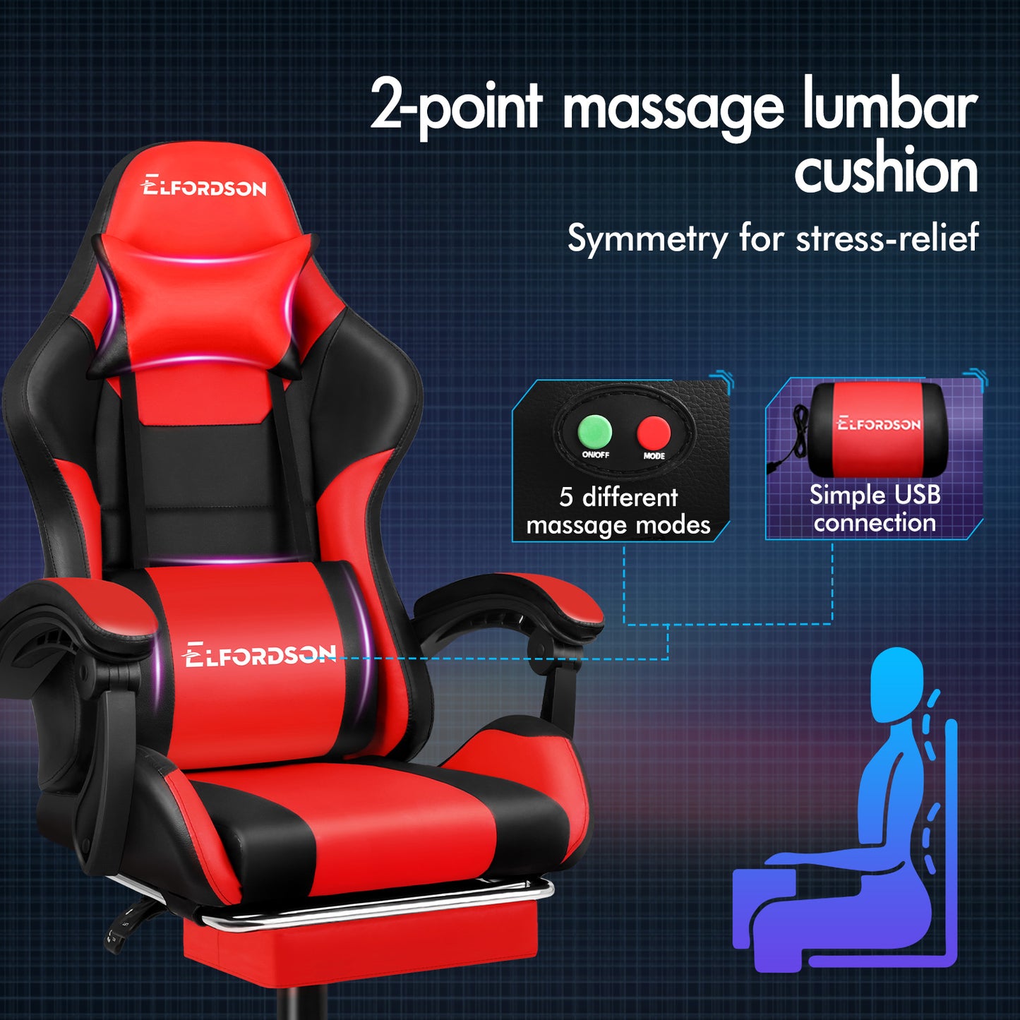 ELFORDSON Gaming Office Chair Extra Large Pillow Racing Executive Footrest Seat