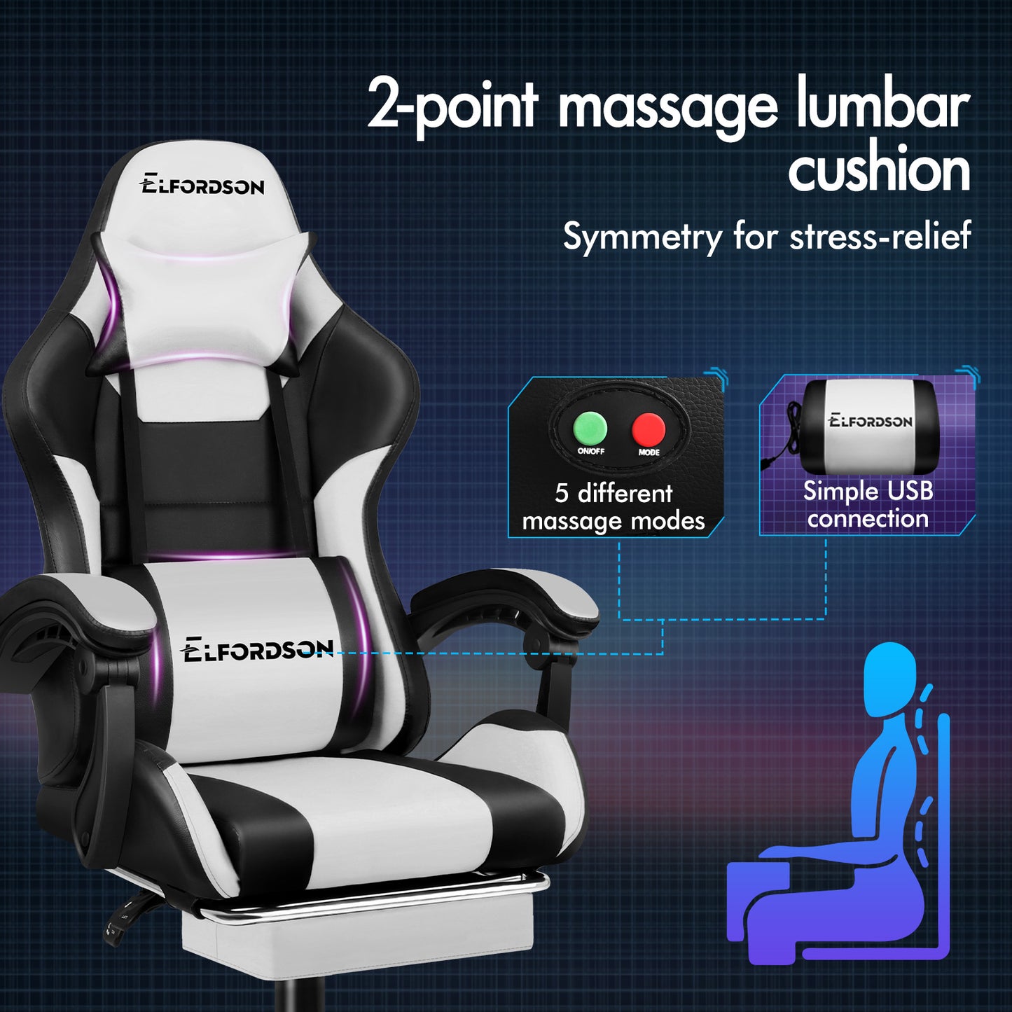 ELFORDSON Gaming Office Chair Extra Large Pillow Racing Executive Footrest Seat