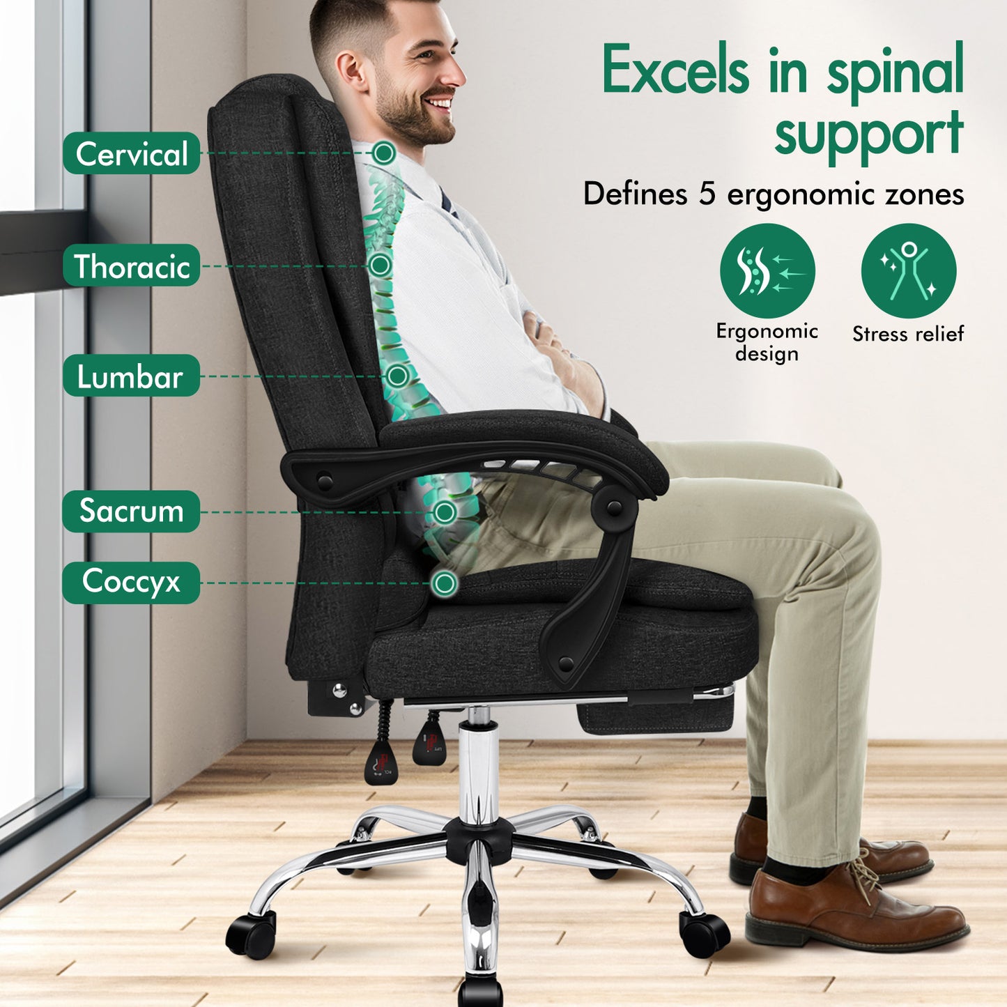 ELFORDSON Massage Office Chair Executive Seat Fabric Black