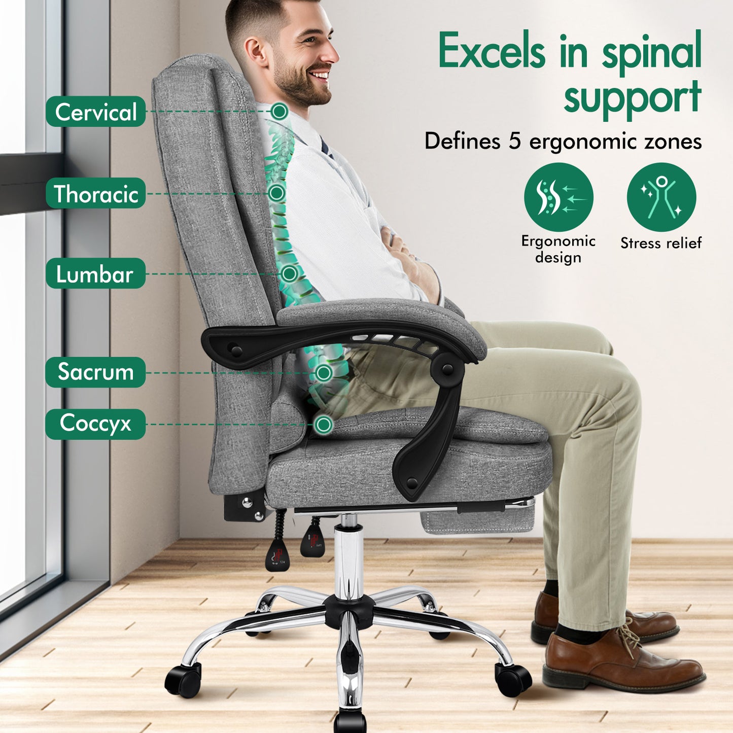 ELFORDSON Massage Office Chair Executive Seat Fabric Grey