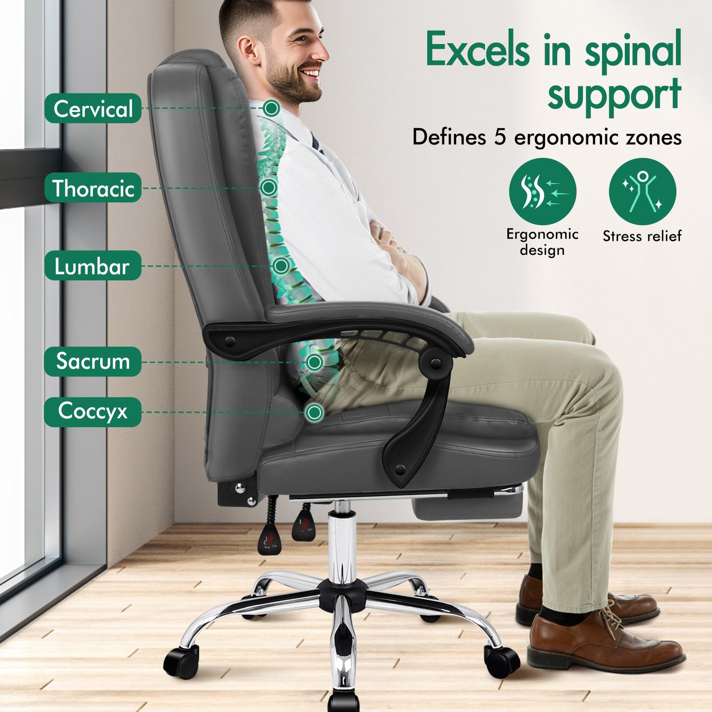 ELFORDSON Massage Office Chair Gaming Executive Seat PU Leather Grey