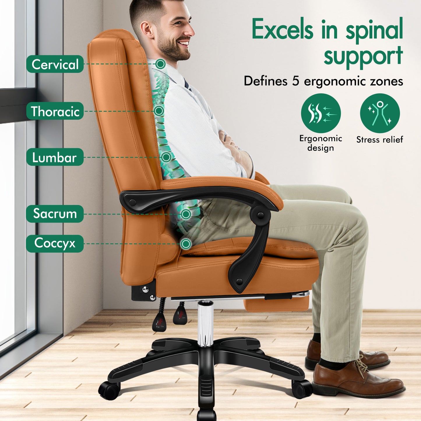 ELFORDSON Office Chair with 8-Point Massage and Heat Function, Brown