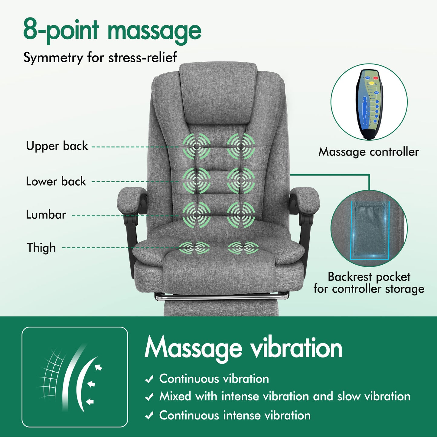 ELFORDSON Massage Office Chair Heated Seat Executive Gaming Racer, Fabric Grey