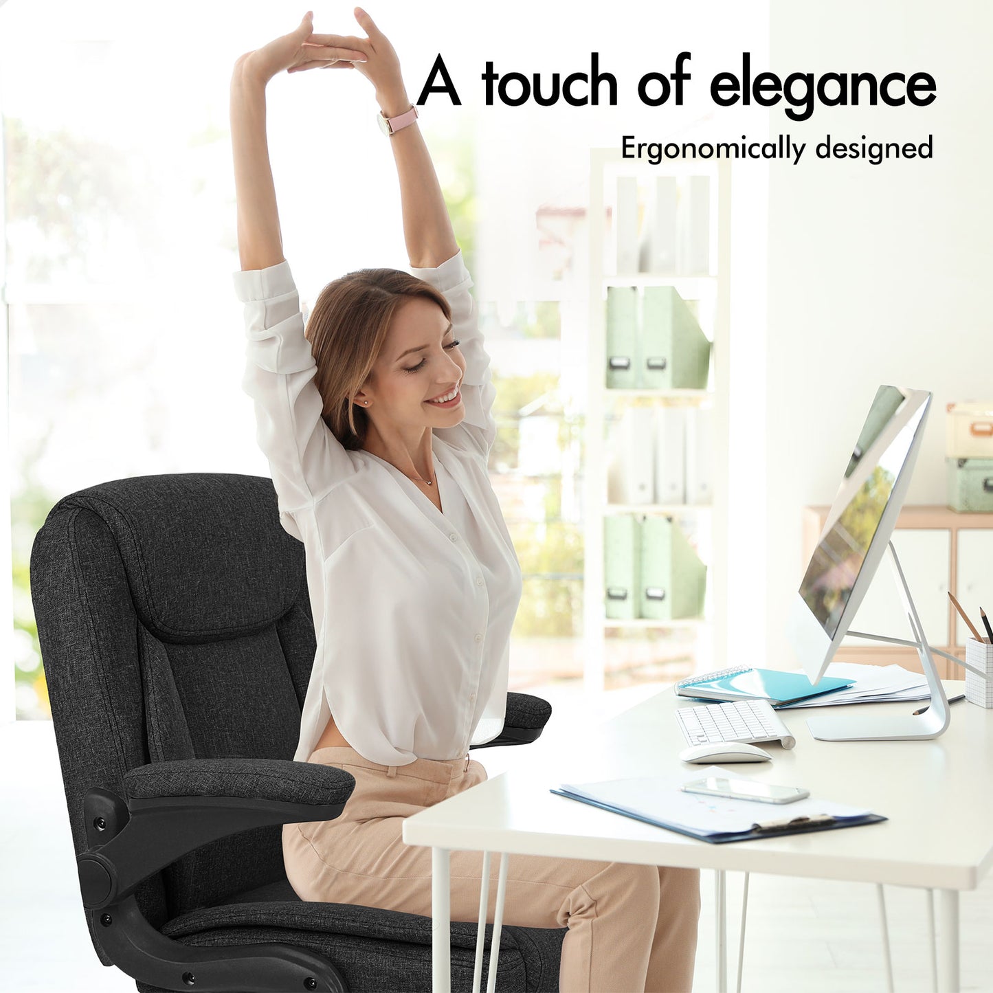 ELFORDSON Massage Office Chair Executive Computer Gaming Seat Linen Fabric Black