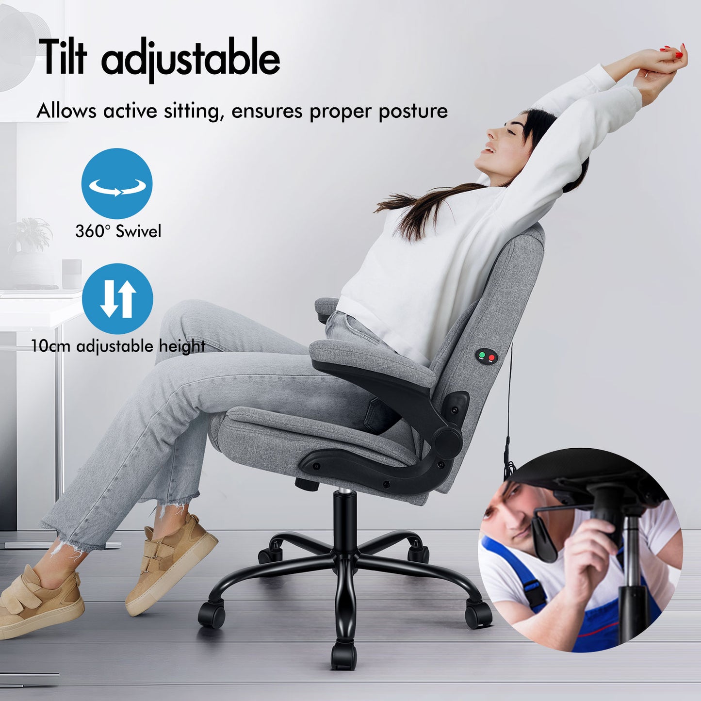 ELFORDSON Massage Office Chair Executive Computer Gaming Seat Linen Fabric Grey