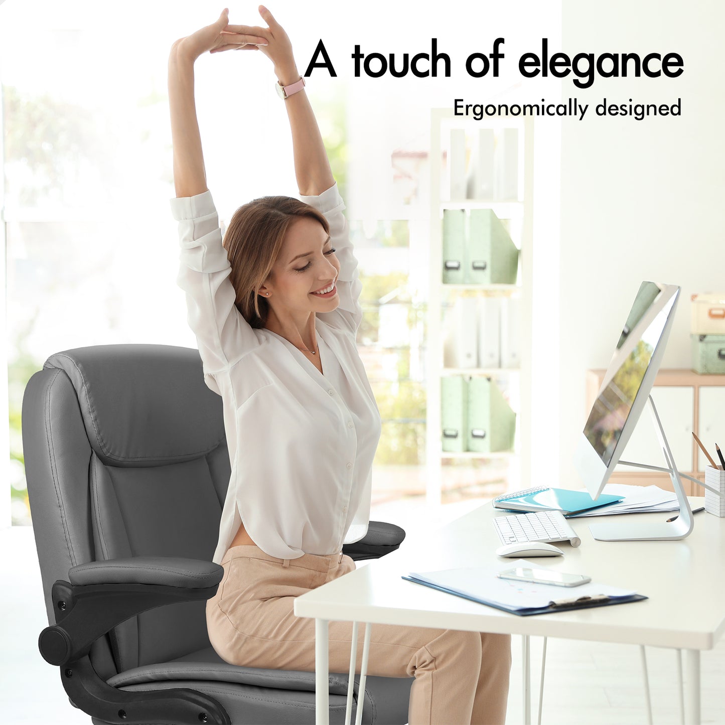 ELFORDSON Massage Office Chair Executive Computer Gaming Seat PU Leather Grey