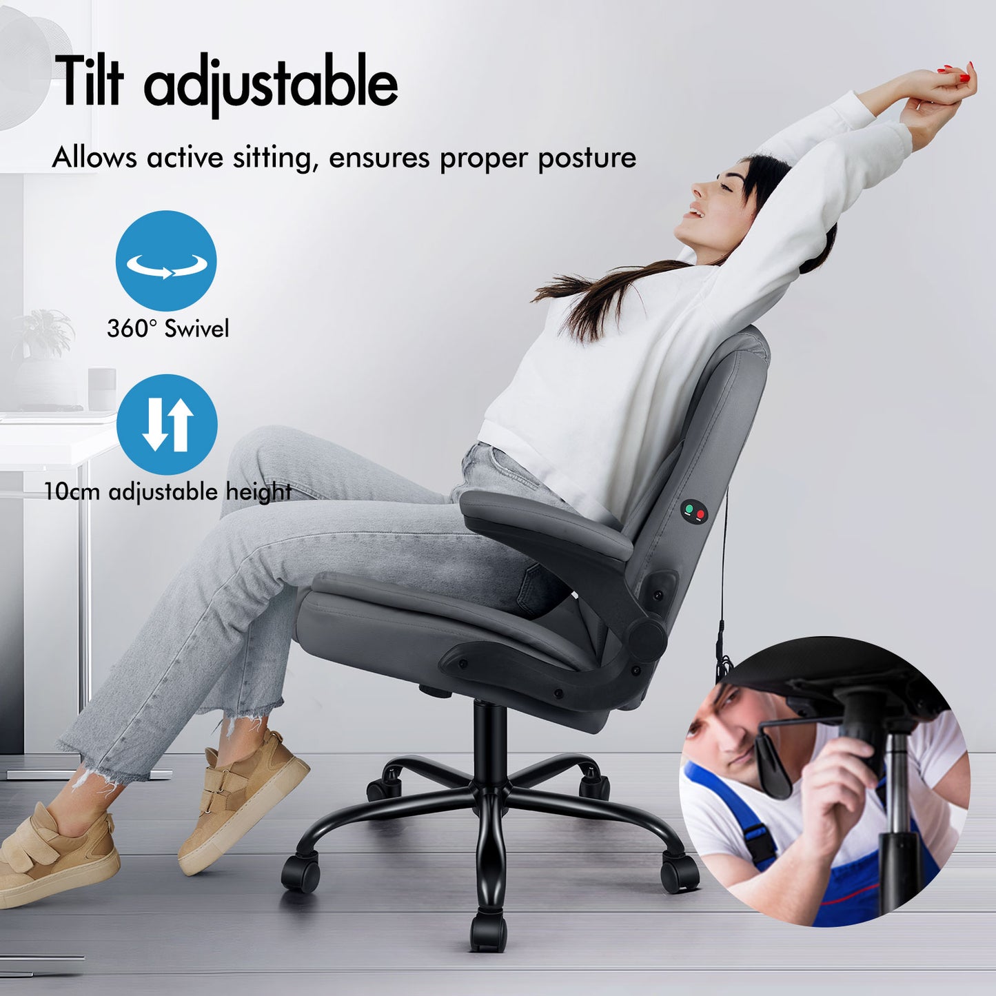 ELFORDSON Massage Office Chair Executive Computer Gaming Seat PU Leather Grey