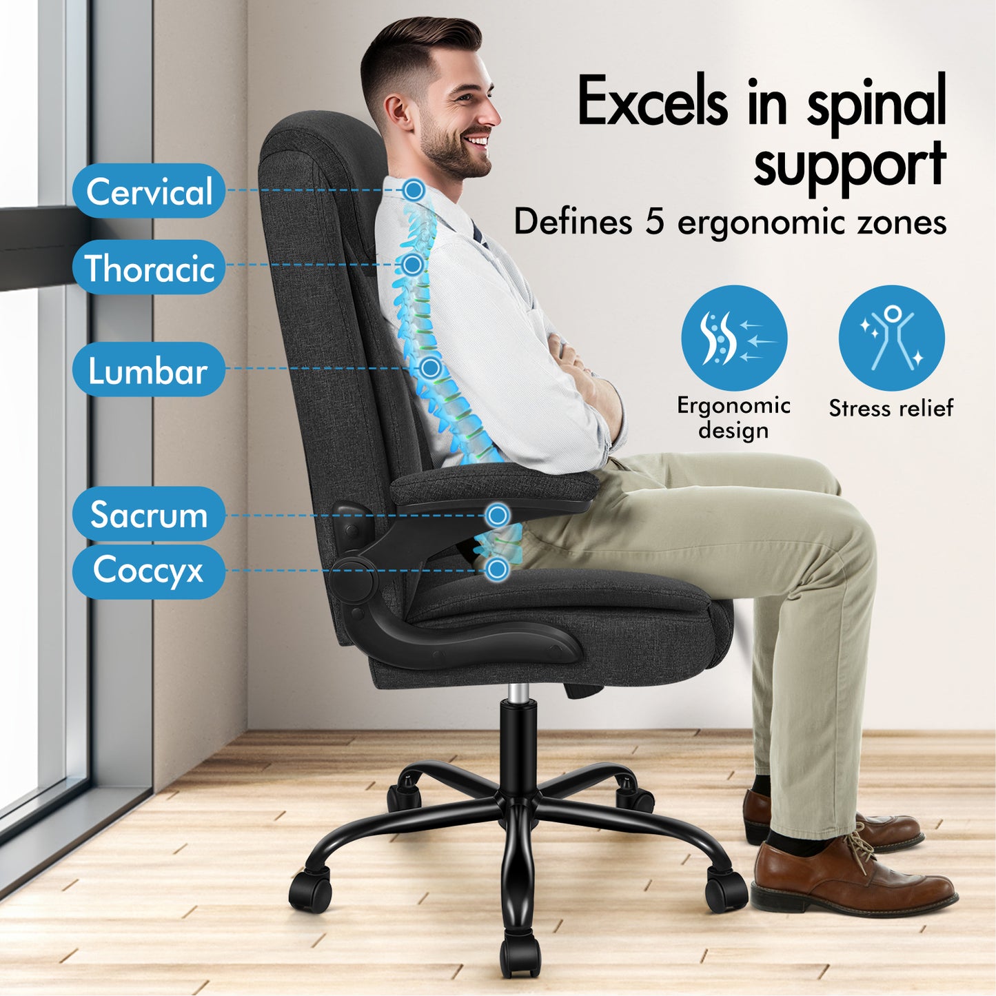 ELFORDSON Massage Office Chair Ergonomic Executive Computer Gaming Fabric Black
