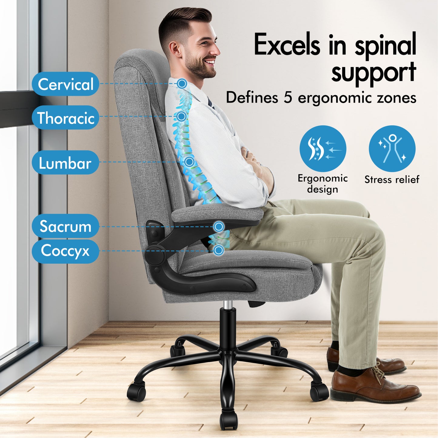 ELFORDSON Massage Office Chair Ergonomic Executive Computer Gaming Fabric Grey