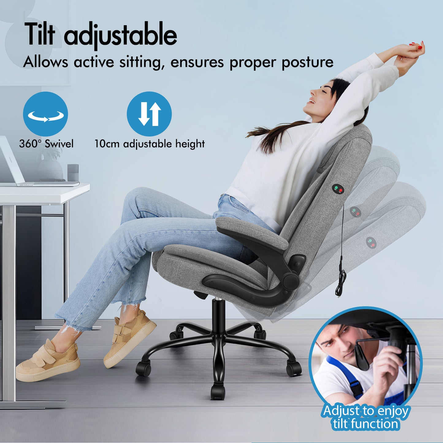 ELFORDSON Massage Office Chair Ergonomic Executive Computer Gaming Fabric Grey