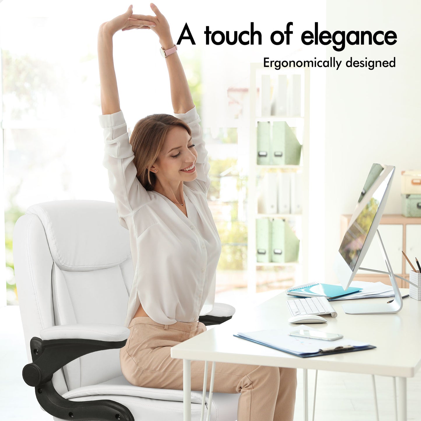 ELFORDSON Massage Office Chair Executive Computer Gaming Seat PU Leather White