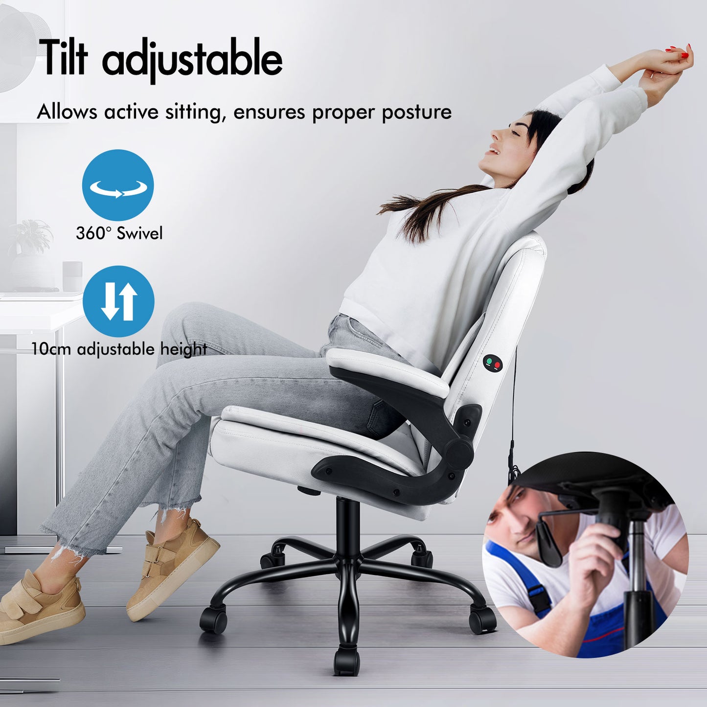 ELFORDSON Massage Office Chair Executive Computer Gaming Seat PU Leather White