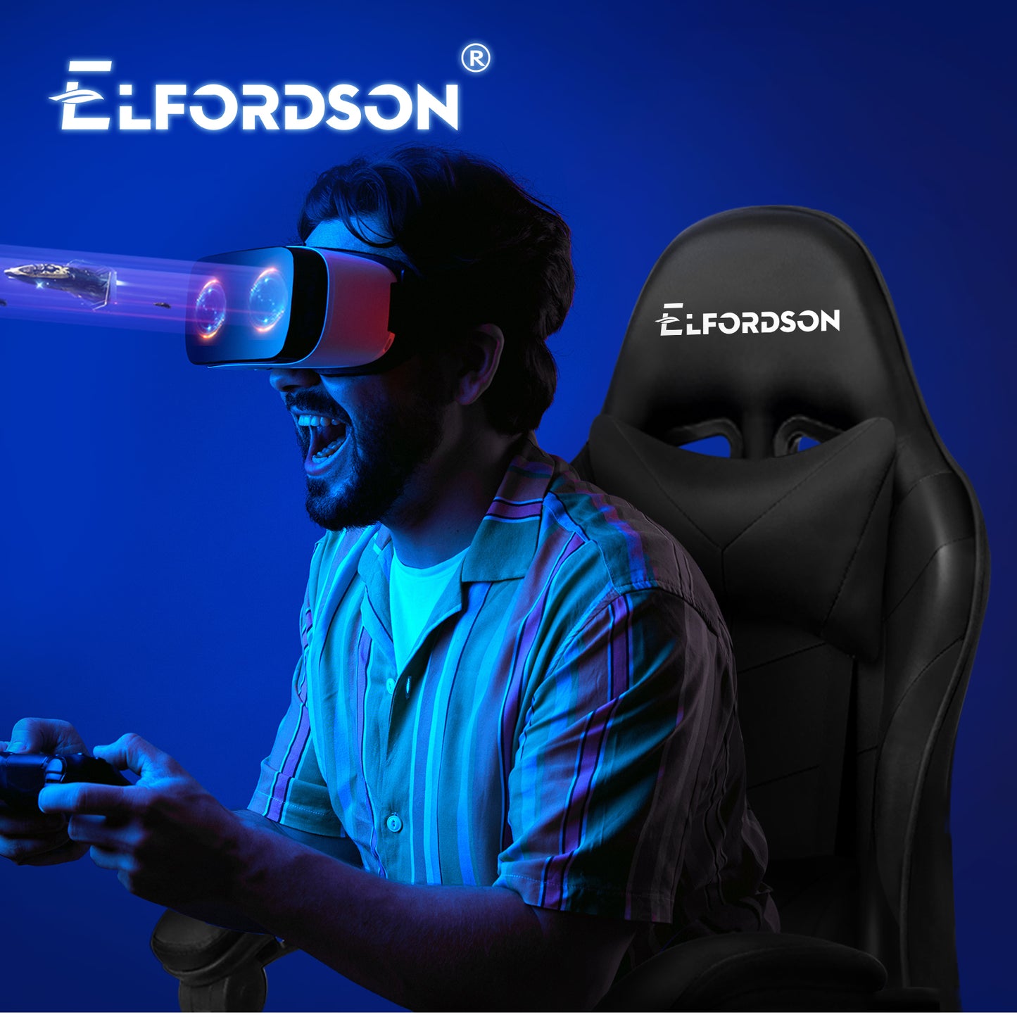 ELFORDSON Gaming Chair Office Massage Computer Racing Seat PU Leather Black