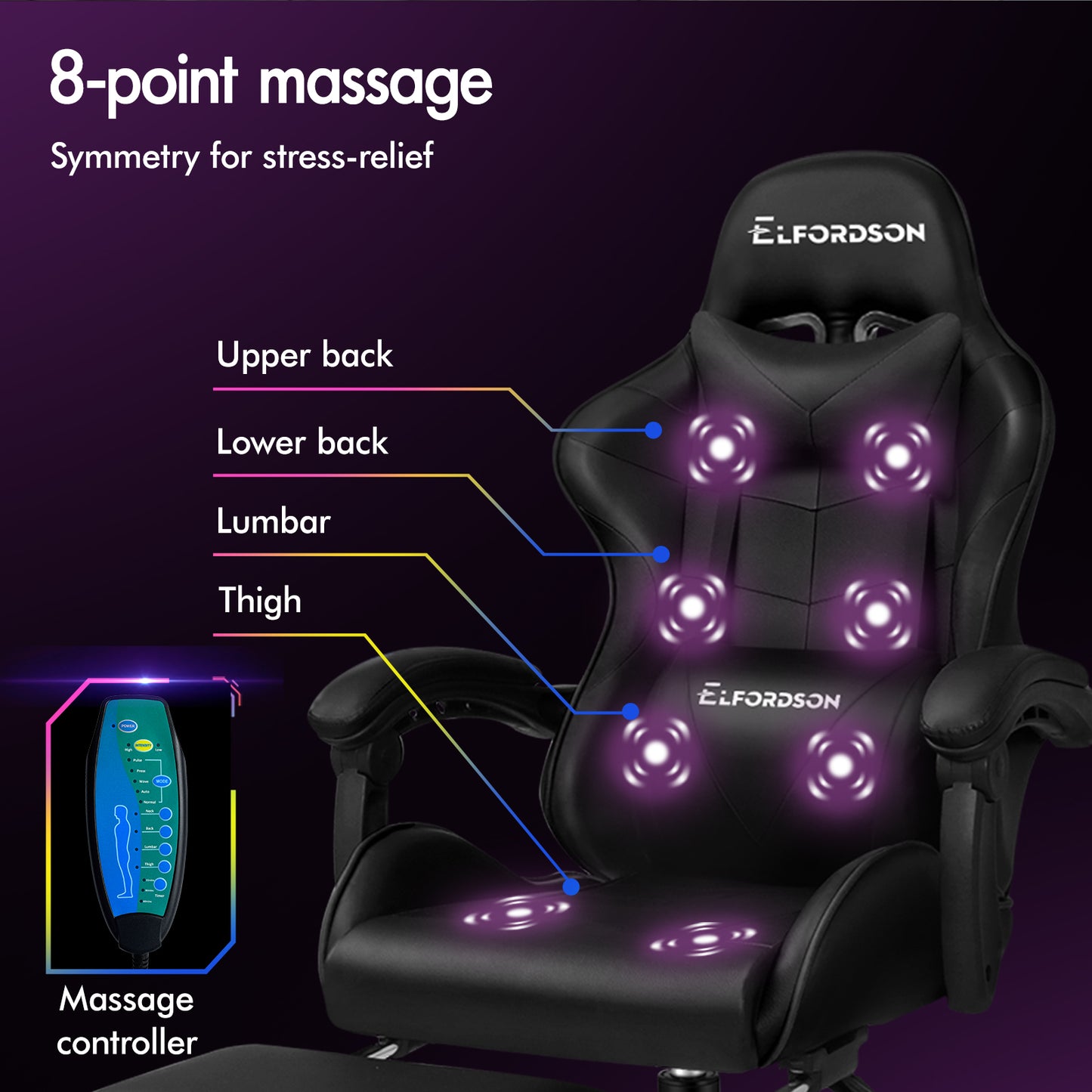 ELFORDSON Gaming Chair Office Massage Computer Racing Seat PU Leather Black