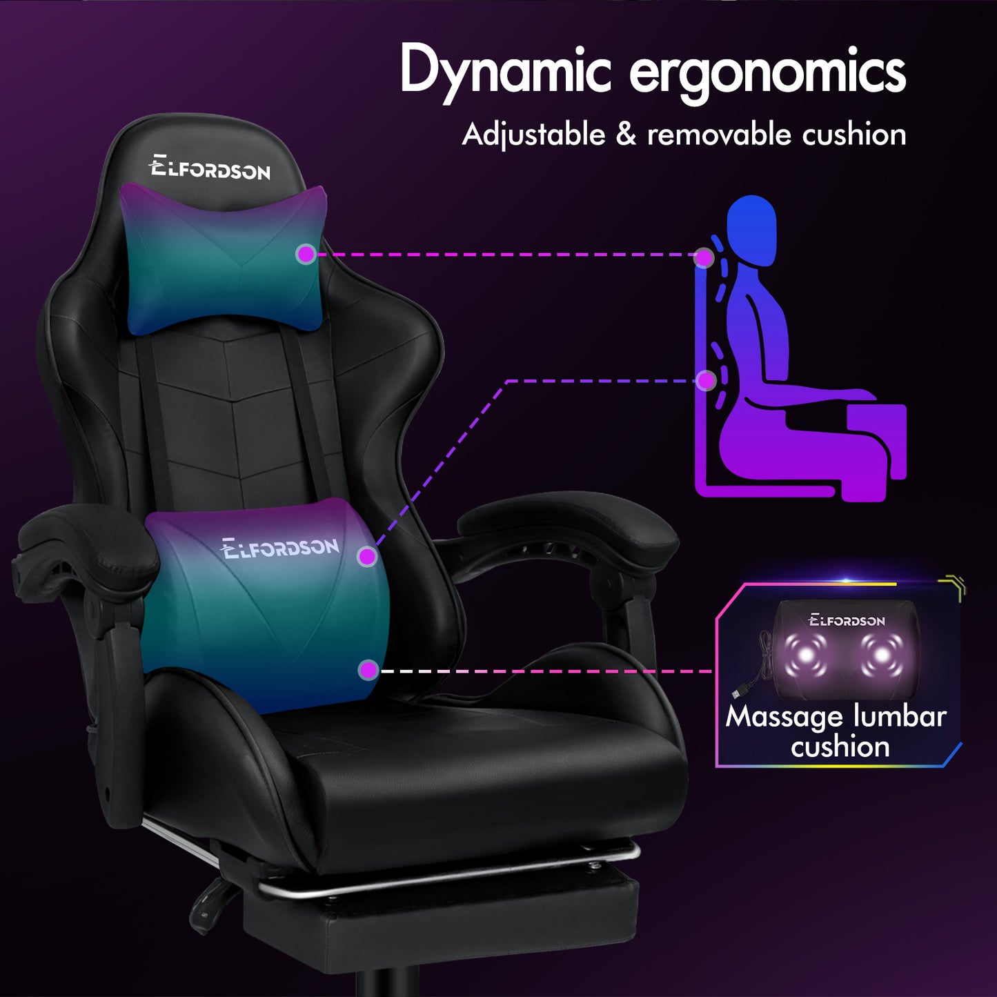 ELFORDSON Gaming Chair Office Massage Computer Racing Seat PU Leather Black